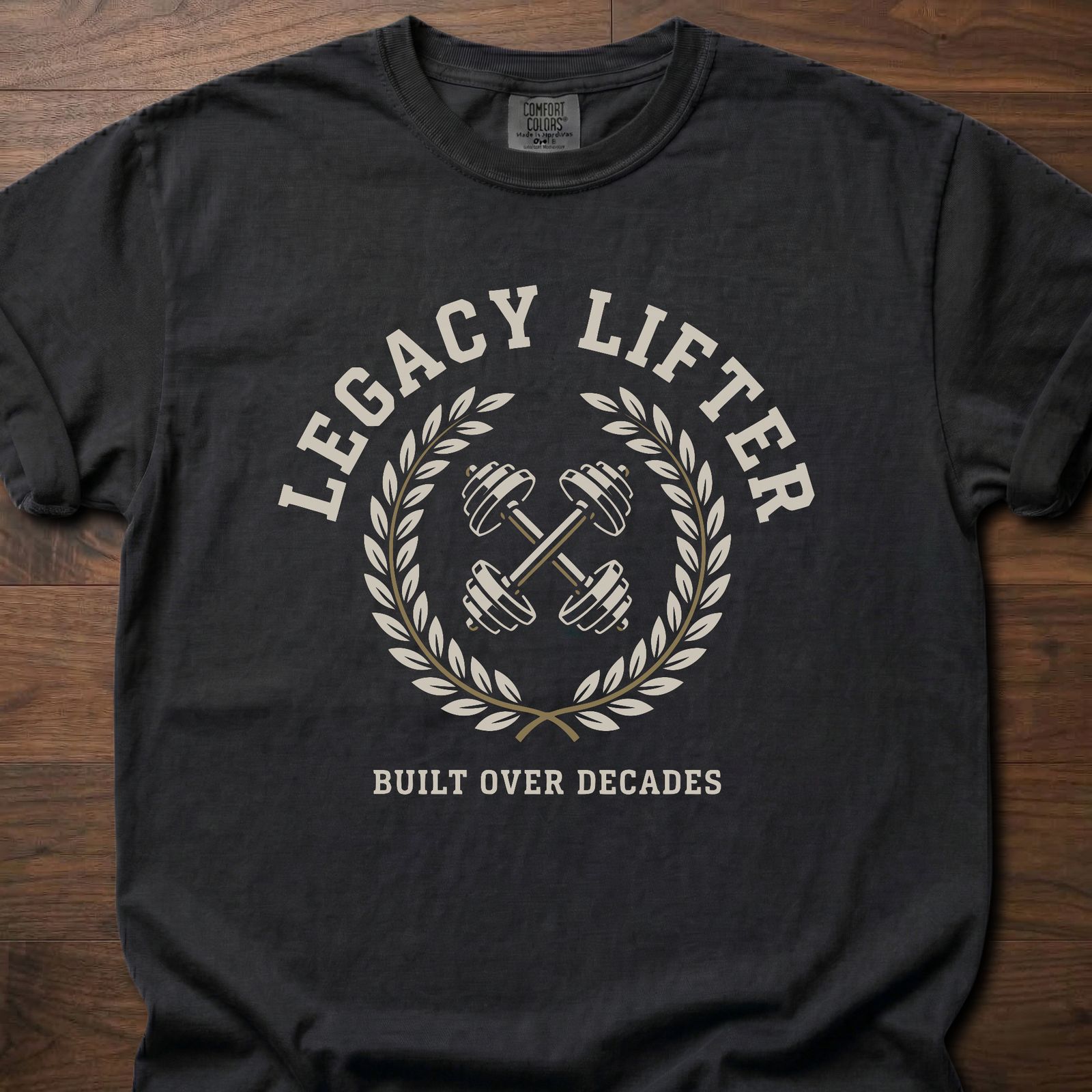 Legacy Lifter strength training t-shirt featuring crossed dumbbells and laurel wreath design – Black