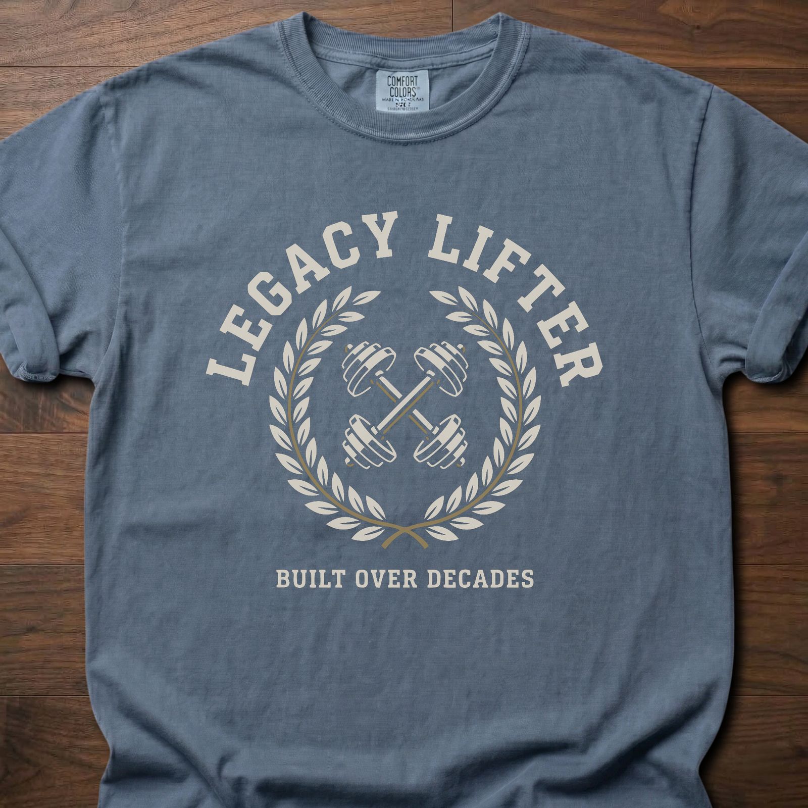 Legacy Lifter strength training t-shirt featuring crossed dumbbells and laurel wreath design – Blue Jean