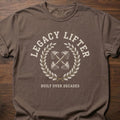 Legacy Lifter strength training t-shirt featuring crossed dumbbells and laurel wreath design – Espresso