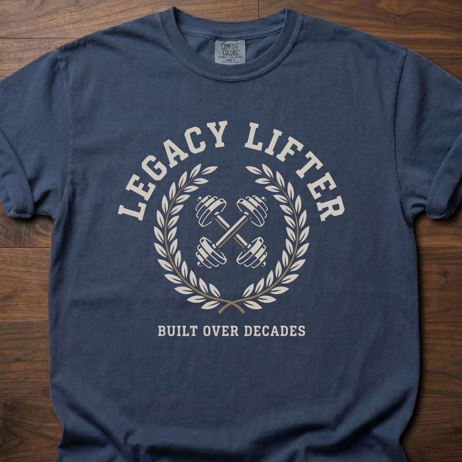 Legacy Lifter strength training t-shirt featuring crossed dumbbells and laurel wreath design – Navy