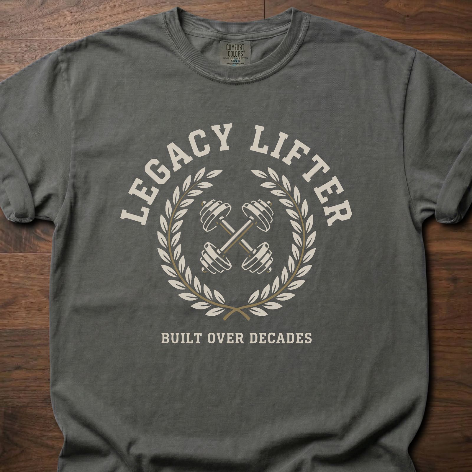 Legacy Lifter strength training t-shirt featuring crossed dumbbells and laurel wreath design – Pepper