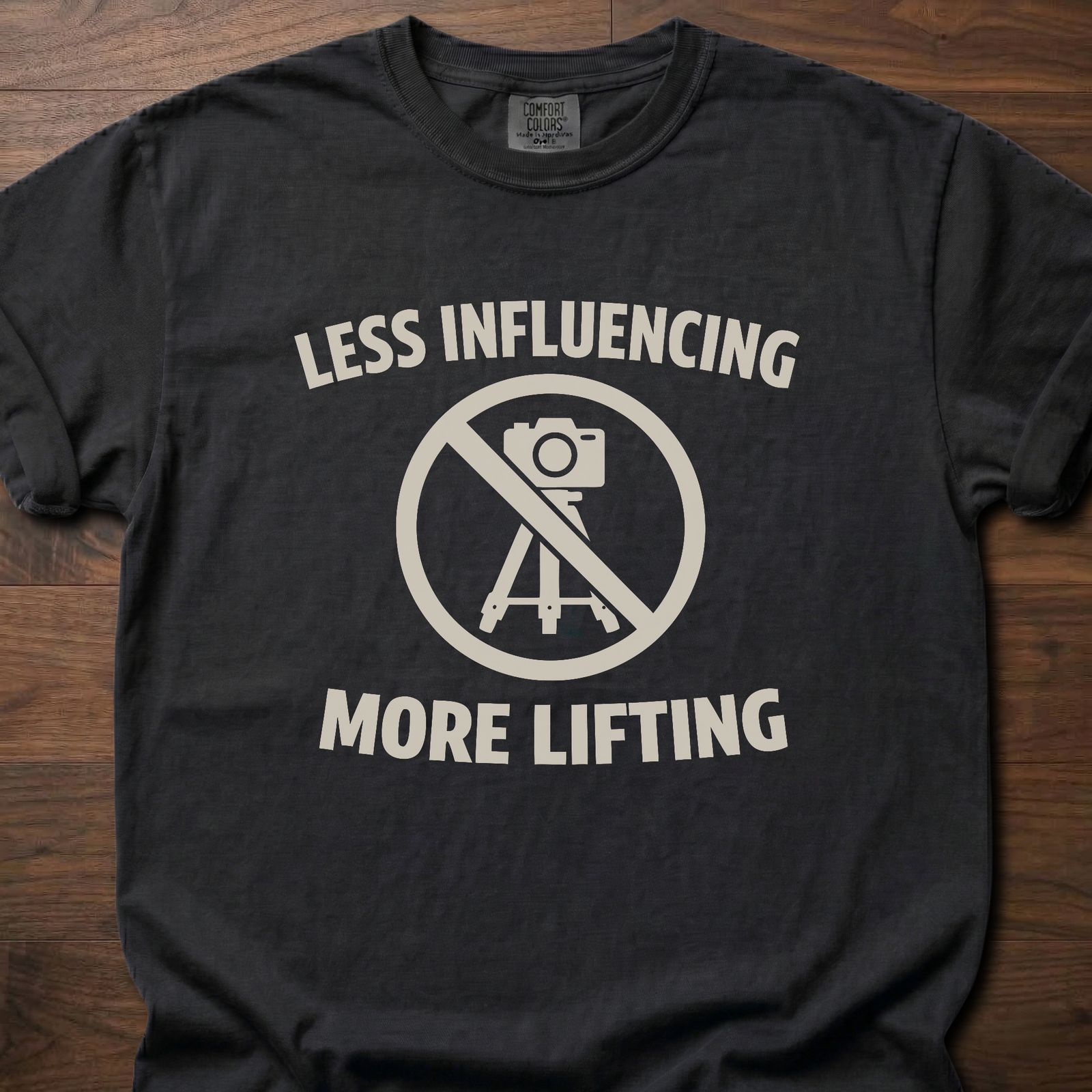 Less Influencing More Lifting strength training clothing with crossed-out camera tripod design – Black