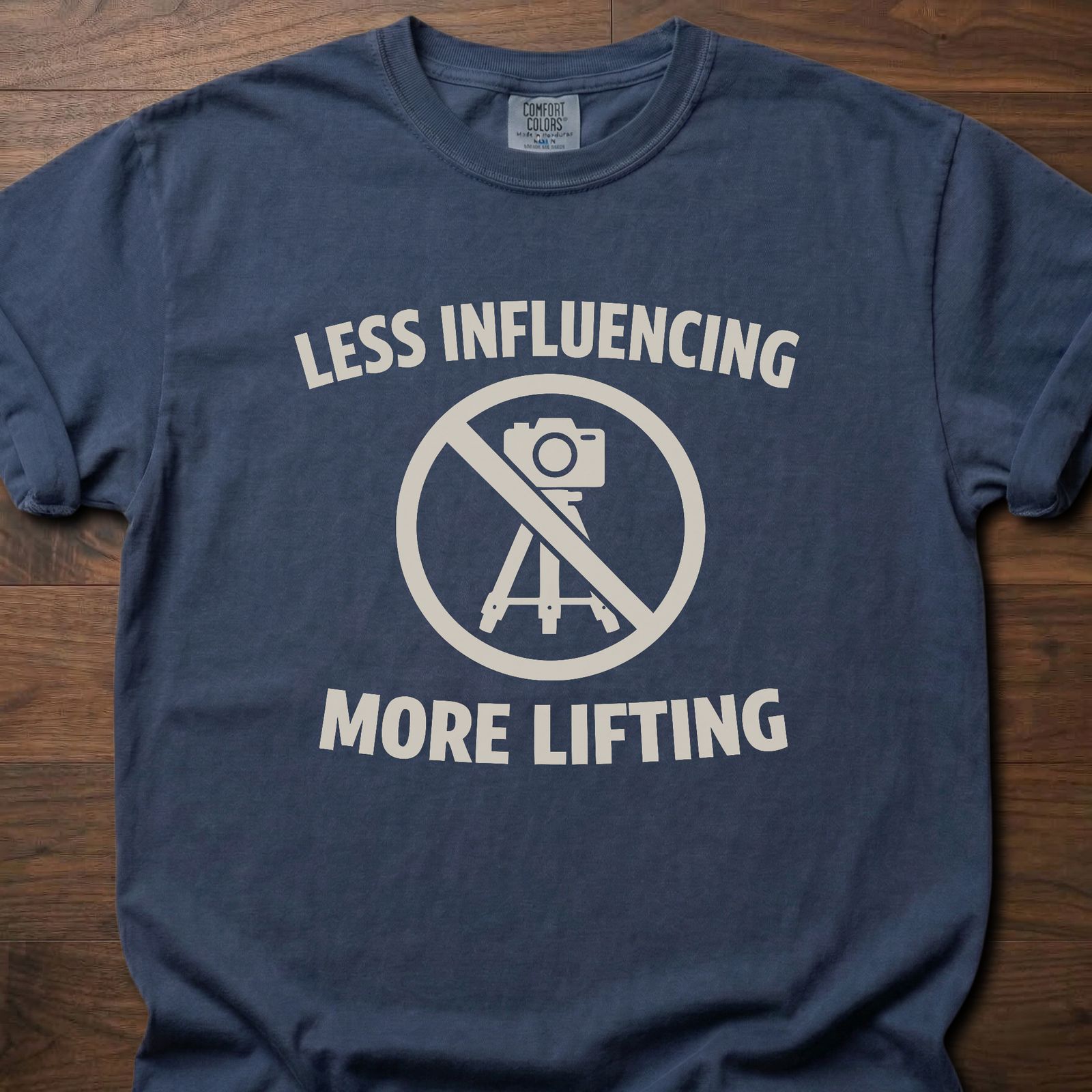 Less Influencing More Lifting strength training clothing with crossed-out camera tripod design – Navy