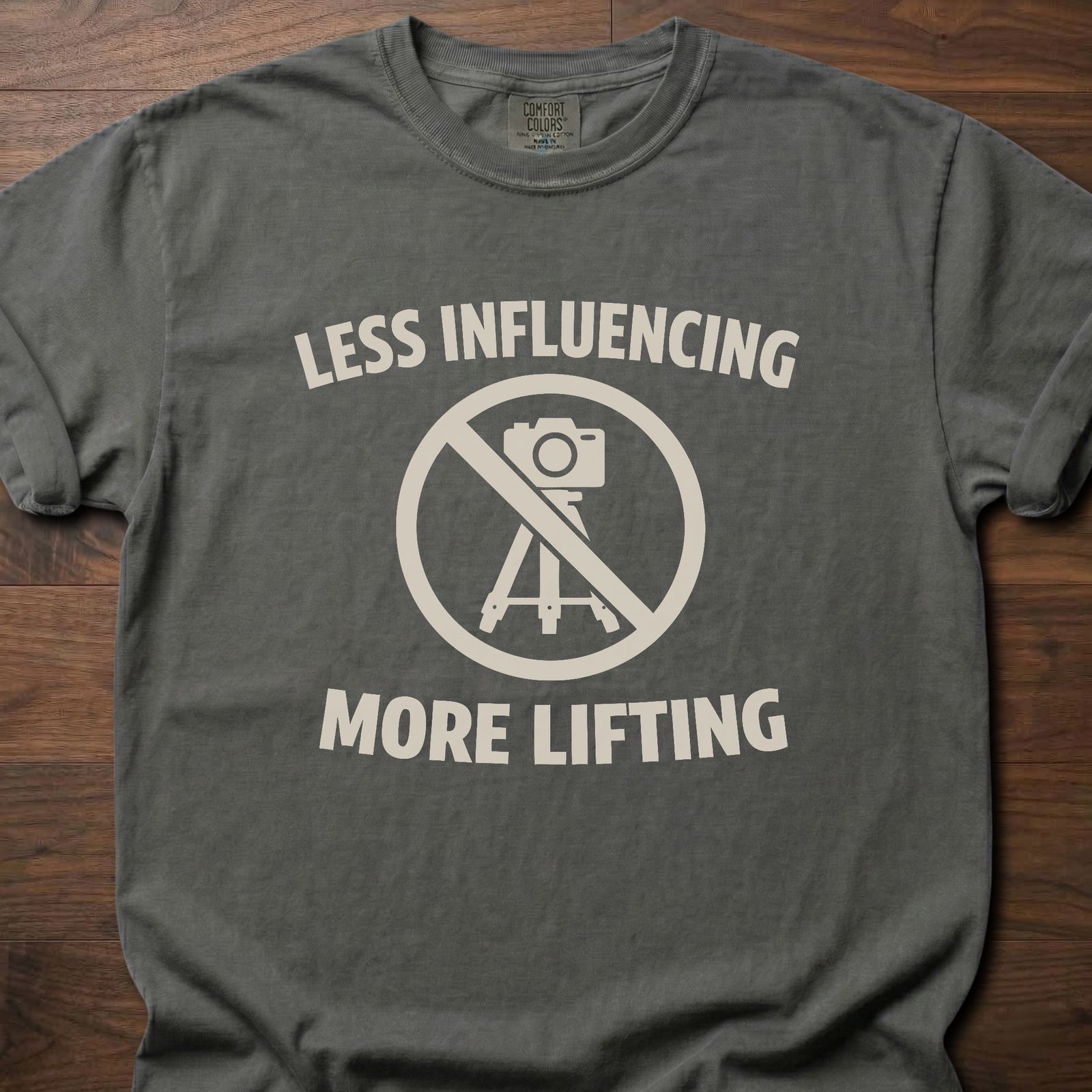 Less Influencing More Lifting strength training clothing with crossed-out camera tripod design – Pepper