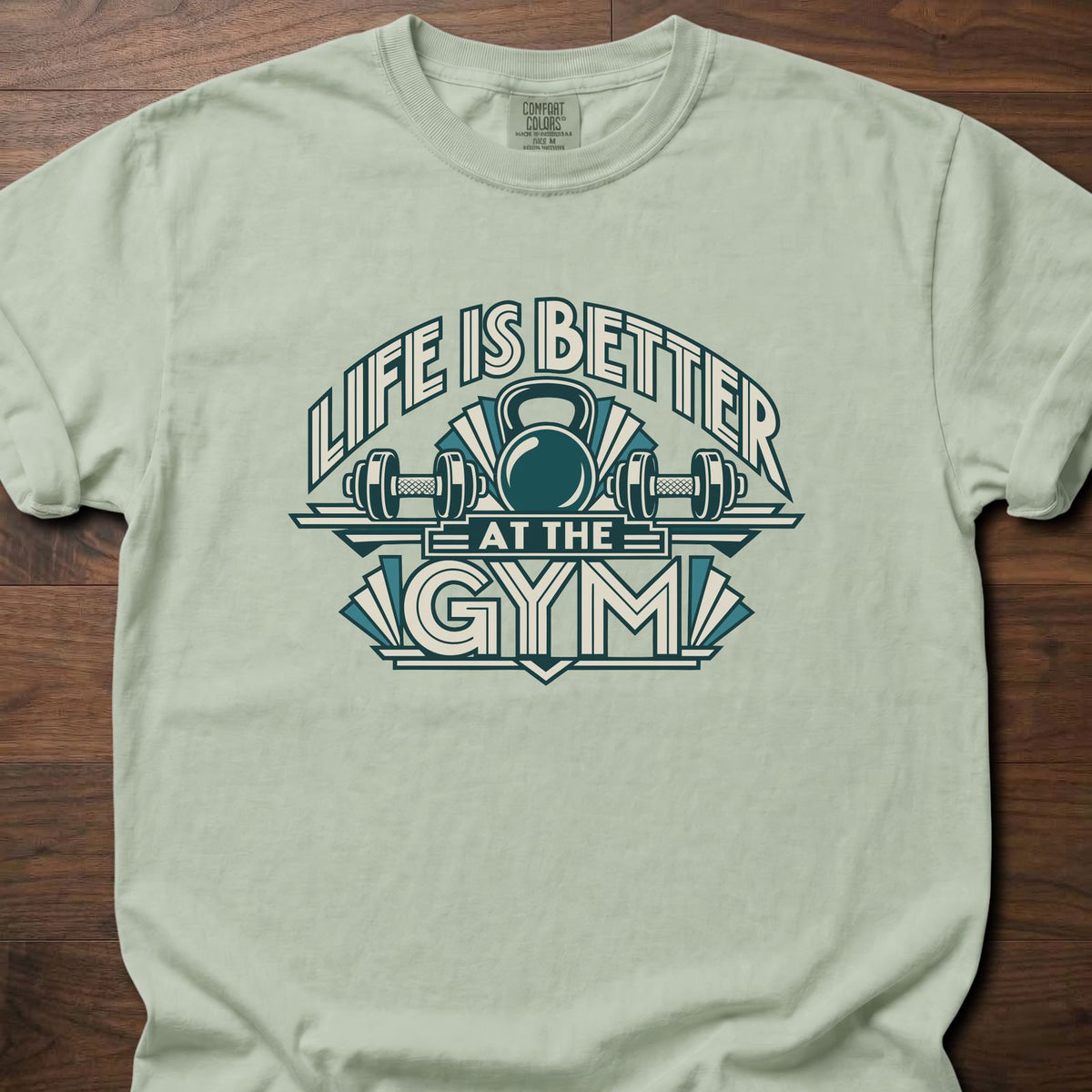 Life Is Better strength training t-shirt with bold retro athletic emblem graphic – Bay