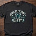 Life Is Better strength training t-shirt with bold retro athletic emblem graphic – Black