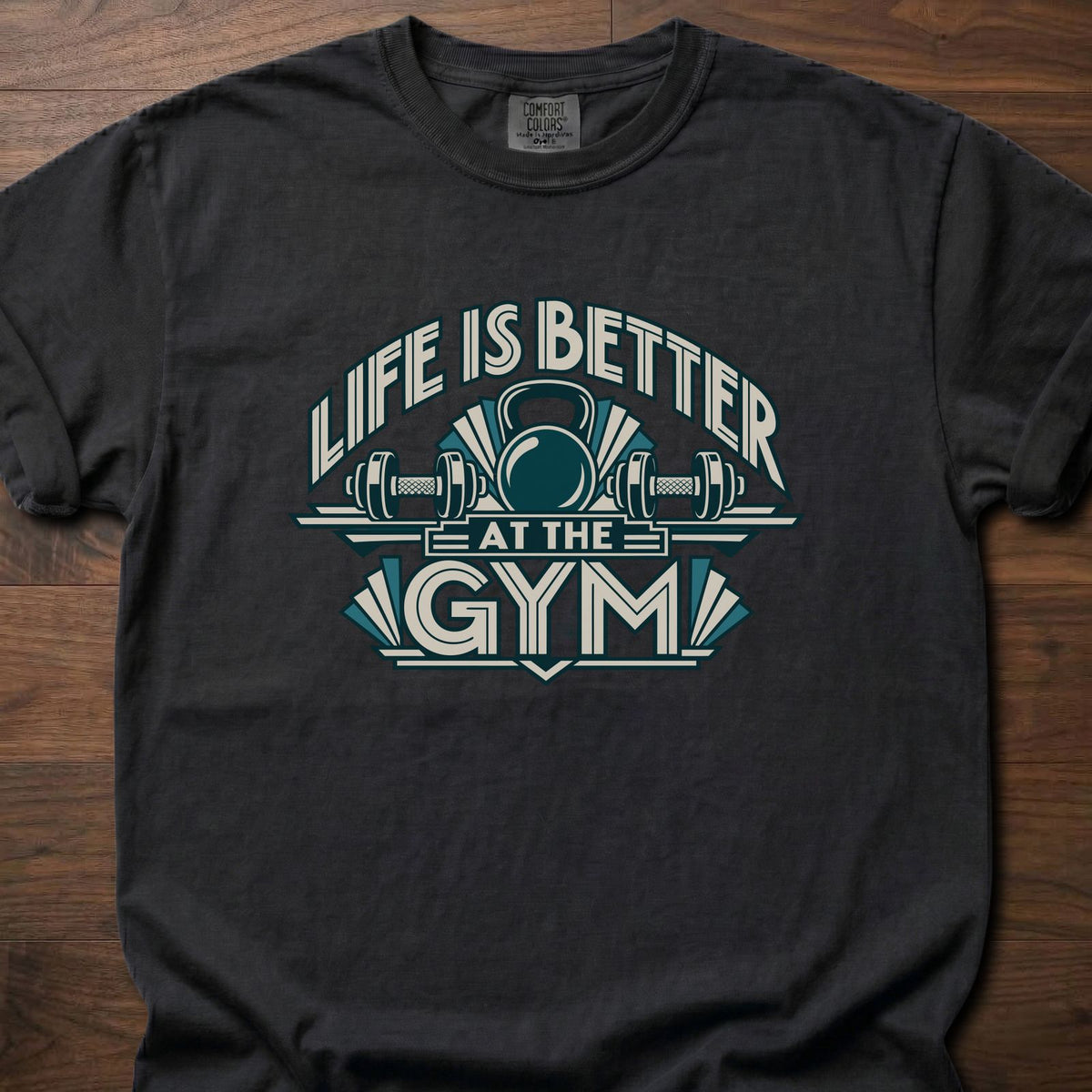 Life Is Better strength training t-shirt with bold retro athletic emblem graphic – Black