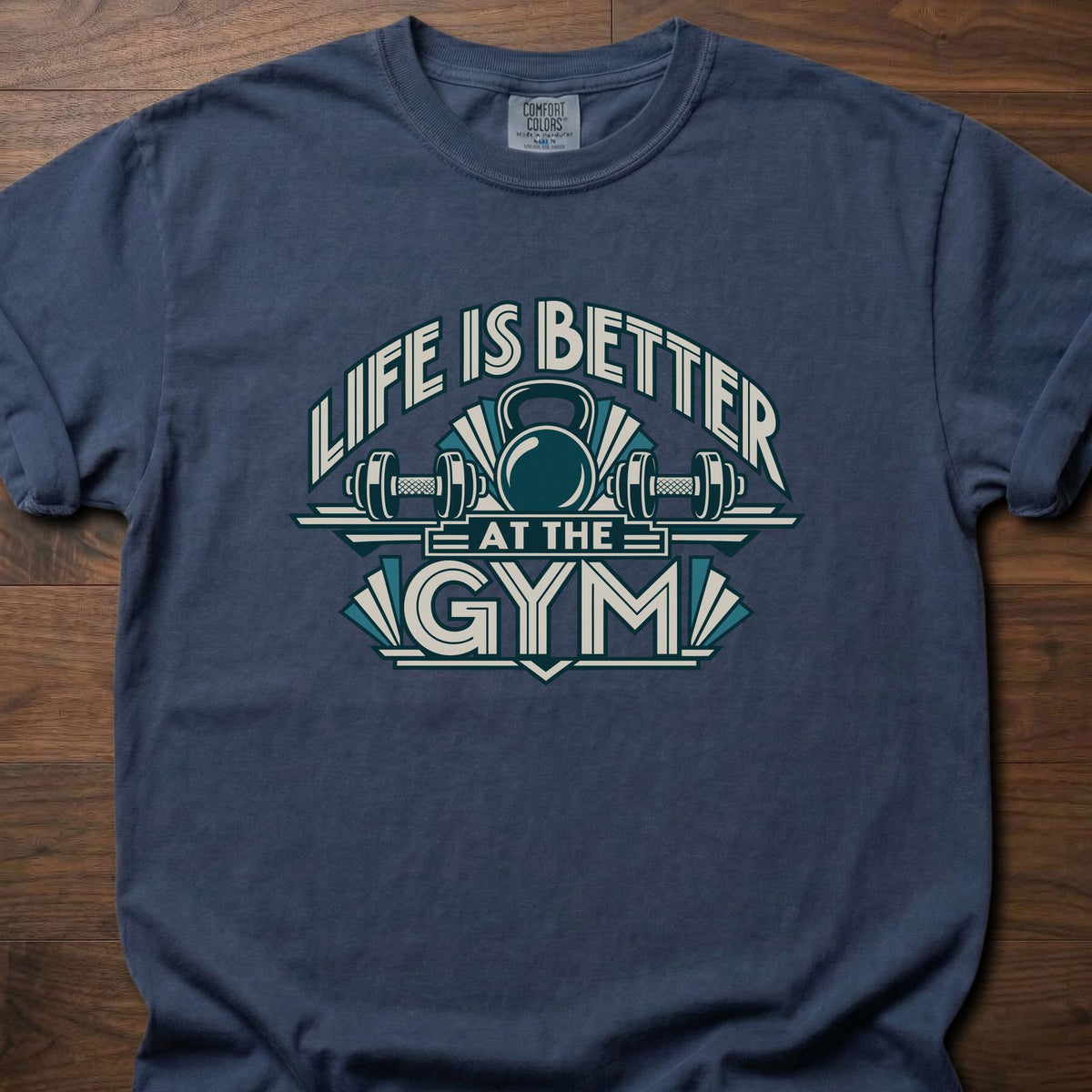 Life Is Better strength training t-shirt with bold retro athletic emblem graphic – Navy