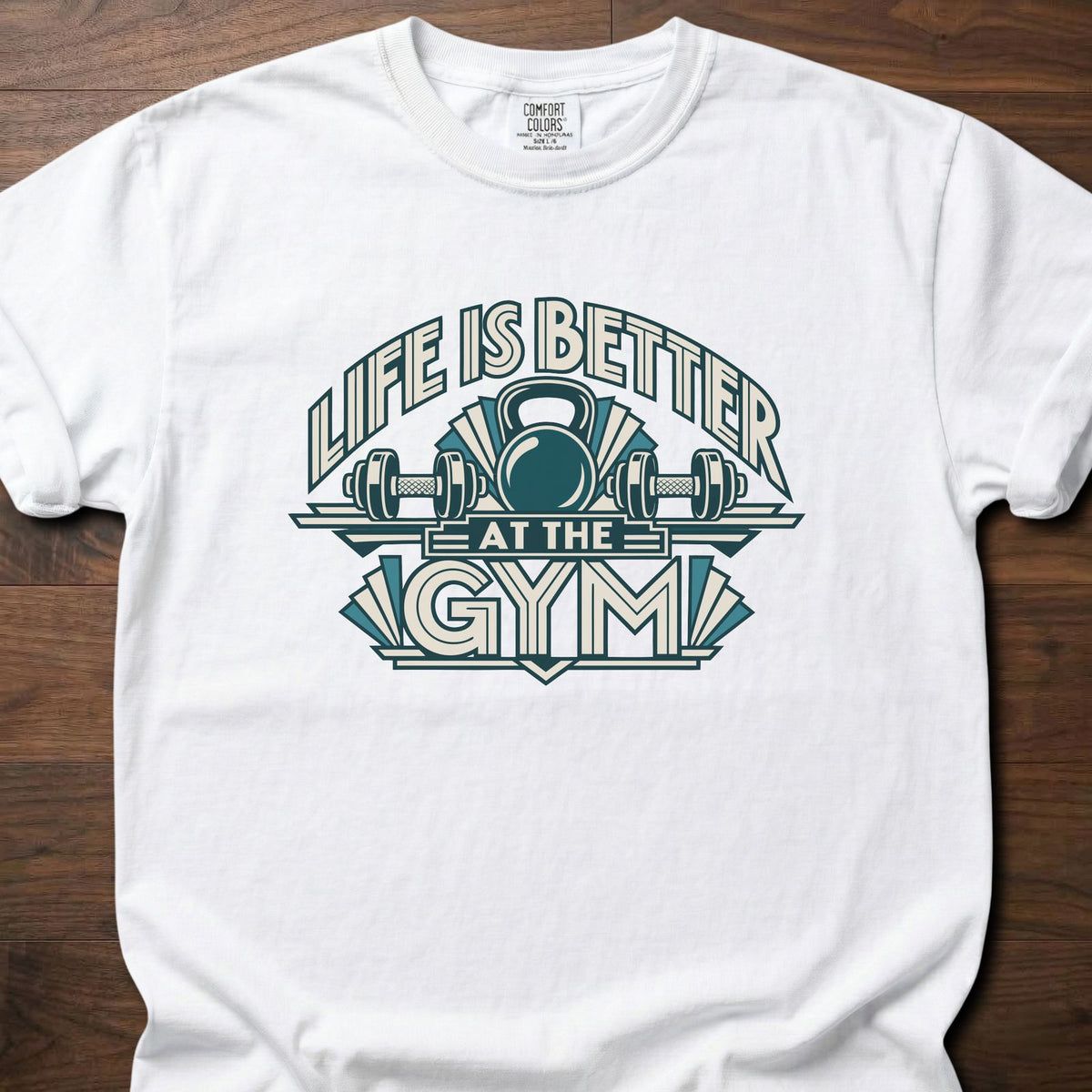 Life Is Better strength training t-shirt with bold retro athletic emblem graphic – White