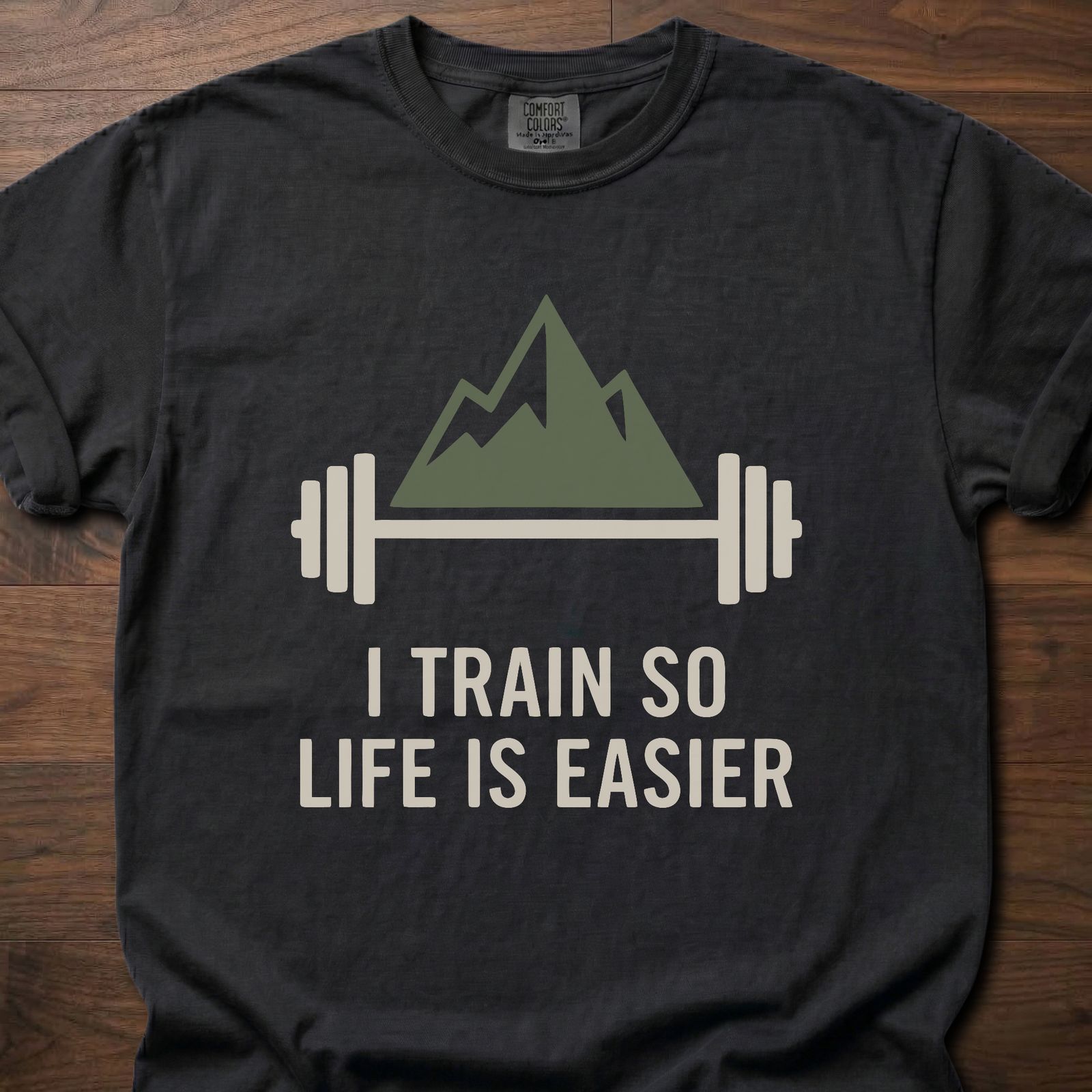 Life Is Easier gym lifestyle shirt with barbell and mountain graphic for strength training – Black