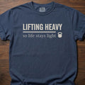 Life Stays Light strength training t shirt with kettlebell and motivational lifting message – Navy