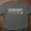 Life Stays Light strength training t shirt with kettlebell and motivational lifting message – Pepper