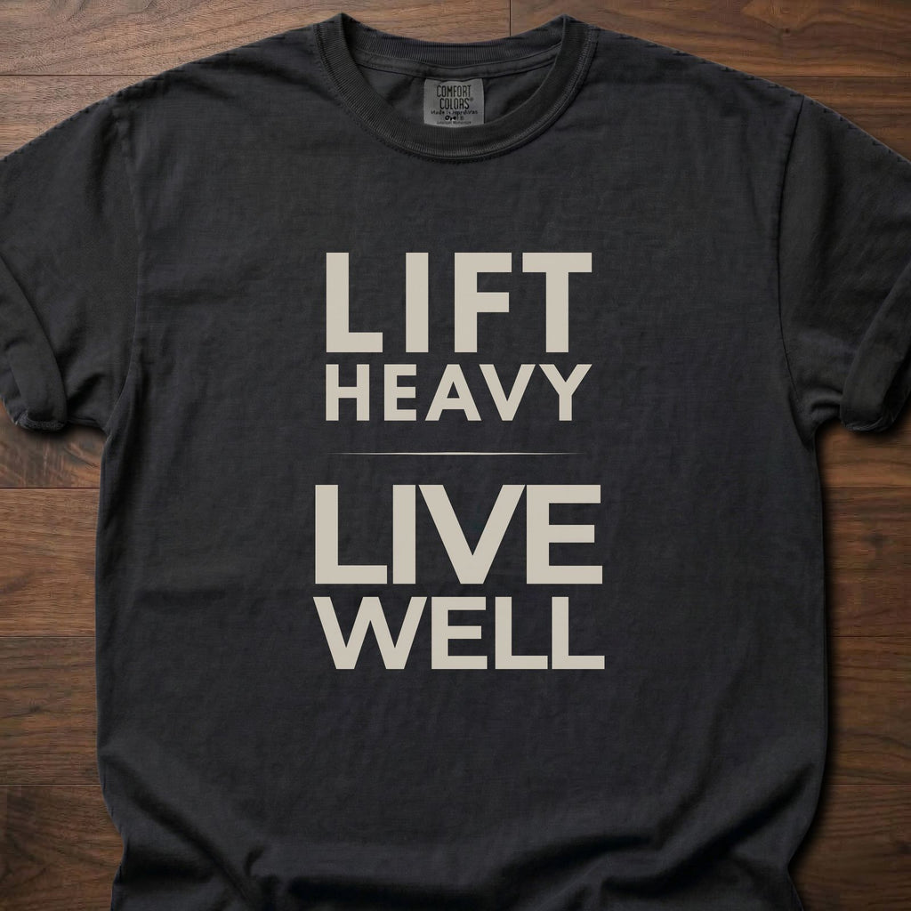 Lift Heavy Live Well fitness lifestyle t shirt with bold text design for strength training – Black