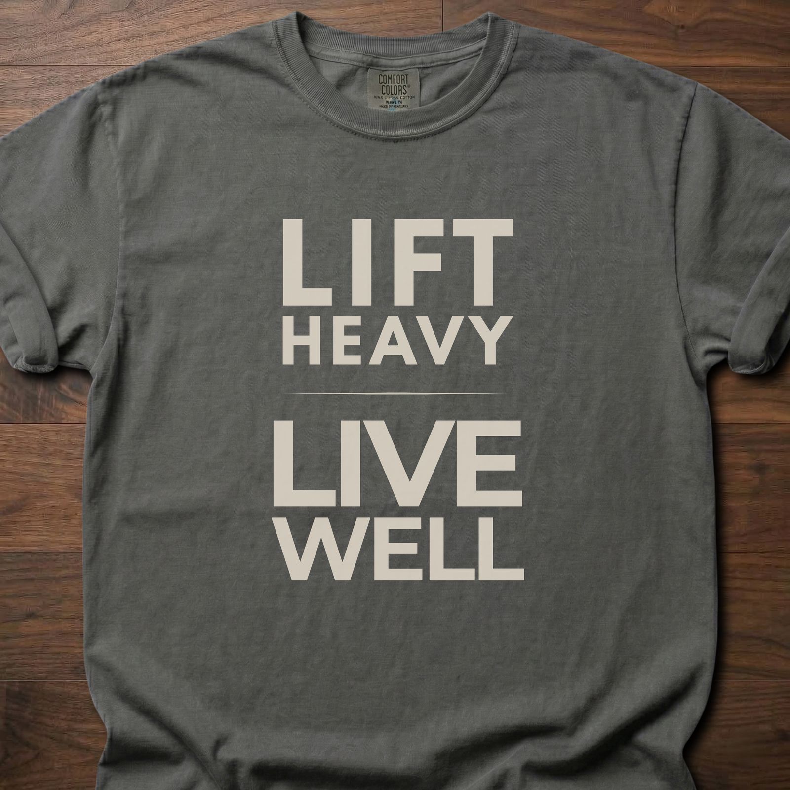Lift Heavy Live Well fitness lifestyle t shirt with bold text design for strength training – Pepper