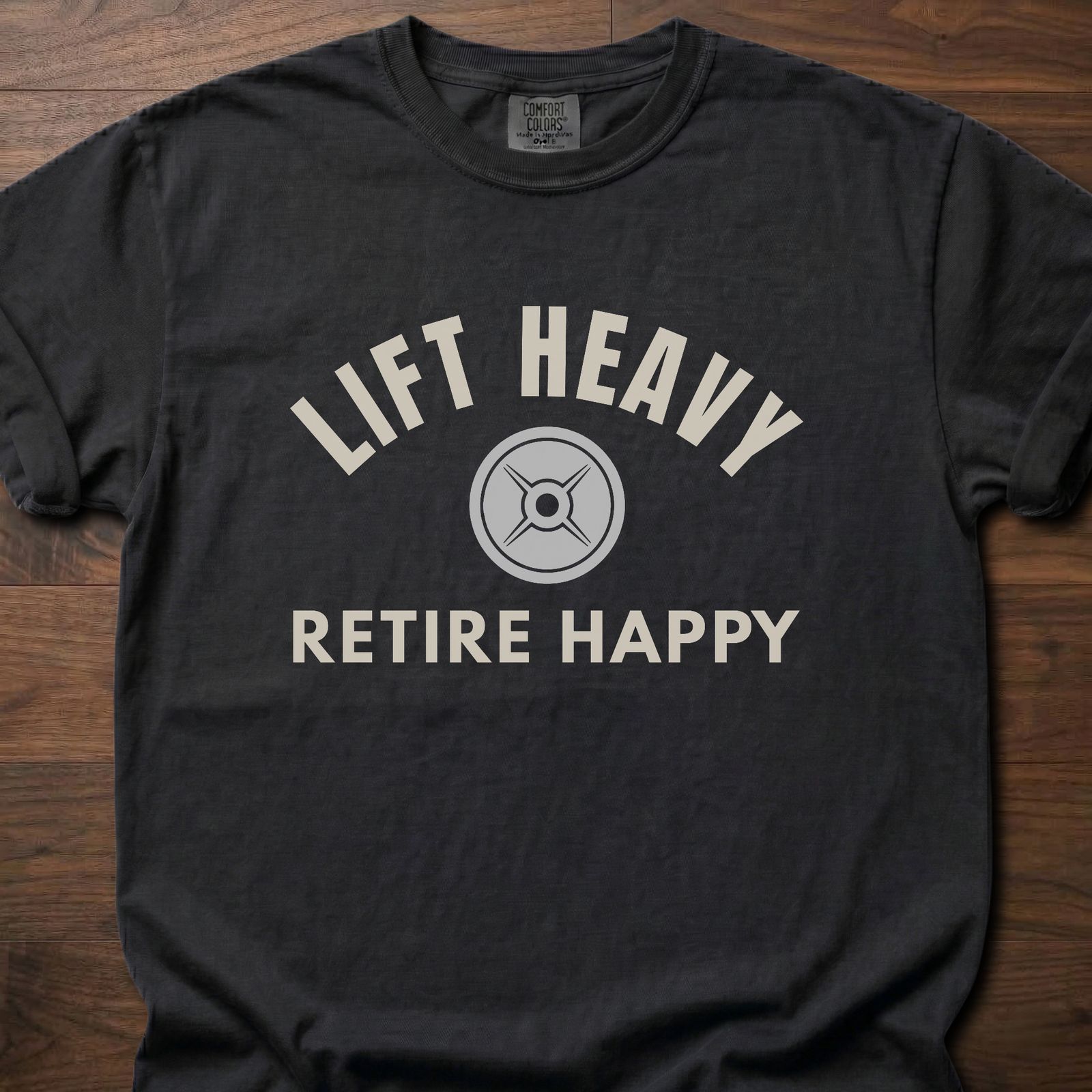 Lift Heavy Retire Happy gym lifestyle shirt with weight plate design and motivational message – Black