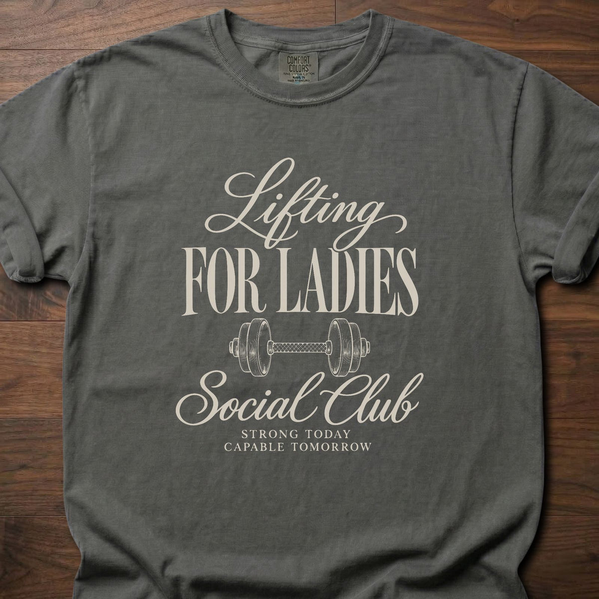 Lifting For Ladies gym shirt with elegant vintage-inspired typographic graphic – Pepper