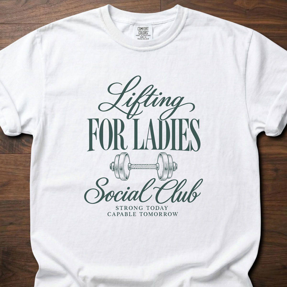 Lifting For Ladies gym shirt with elegant vintage-inspired typographic graphic – White