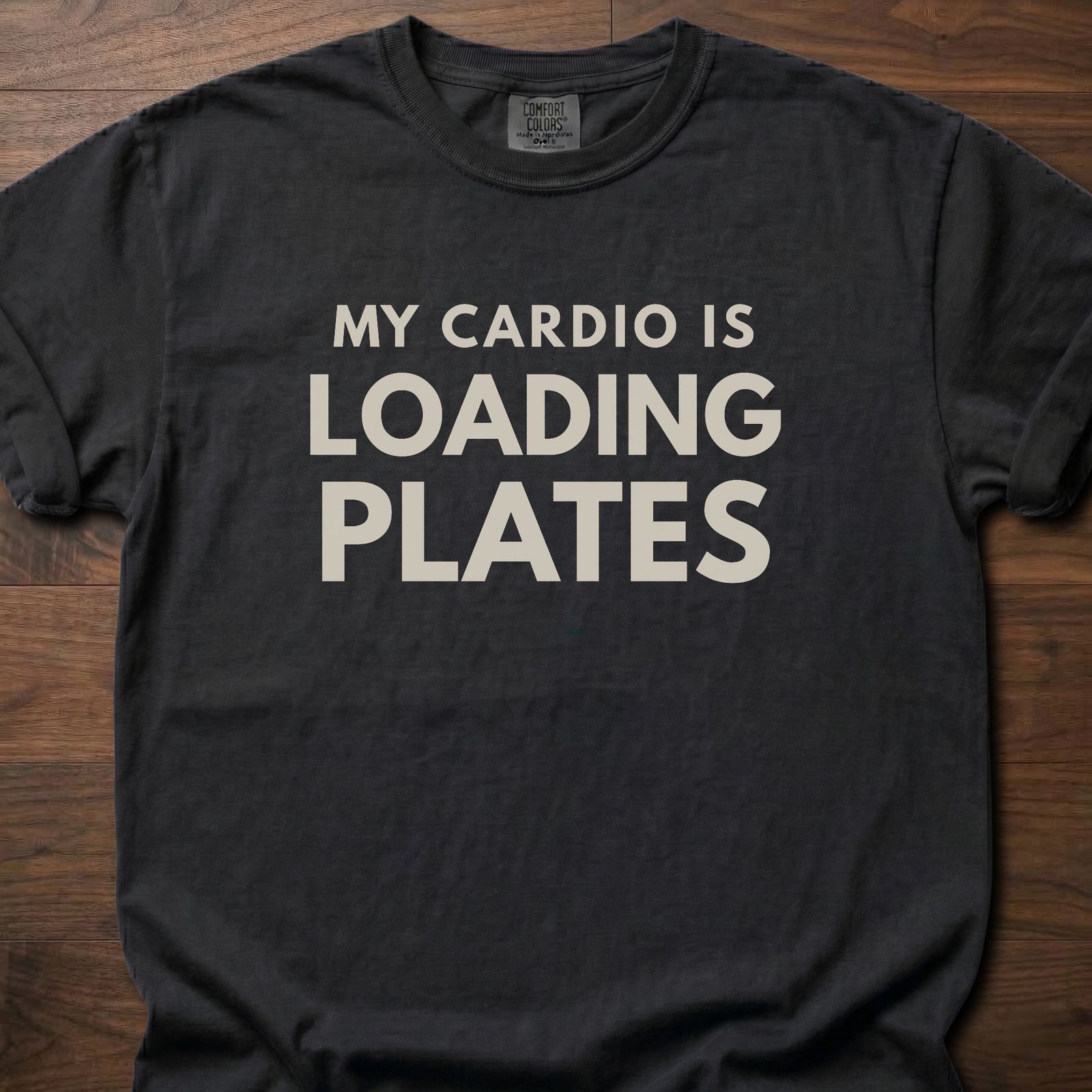 My Cardio Is Loading Plates gym lifestyle shirt with bold stacked text design – Black