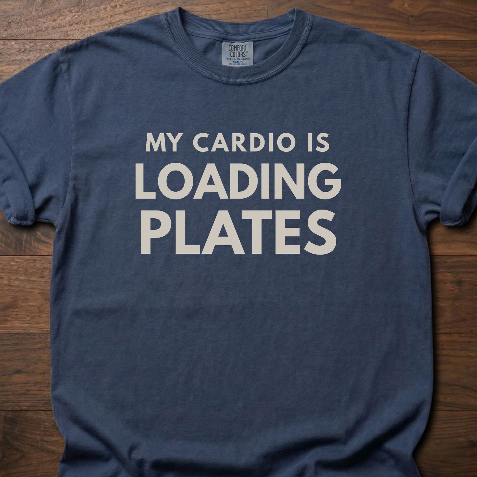 My Cardio Is Loading Plates gym lifestyle shirt with bold stacked text design – Navy