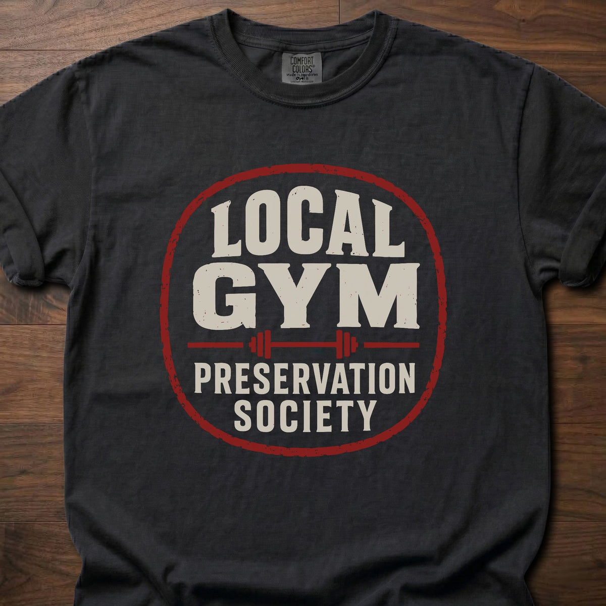 Local Gym gym shirt with bold distressed collegiate-style badge graphic – Black