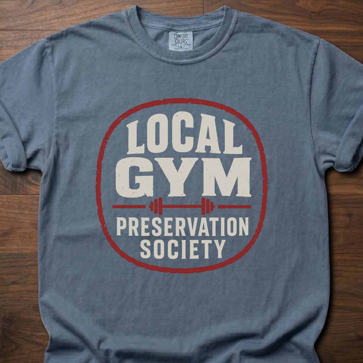 Local Gym gym shirt with bold distressed collegiate-style badge graphic – Blue Jean