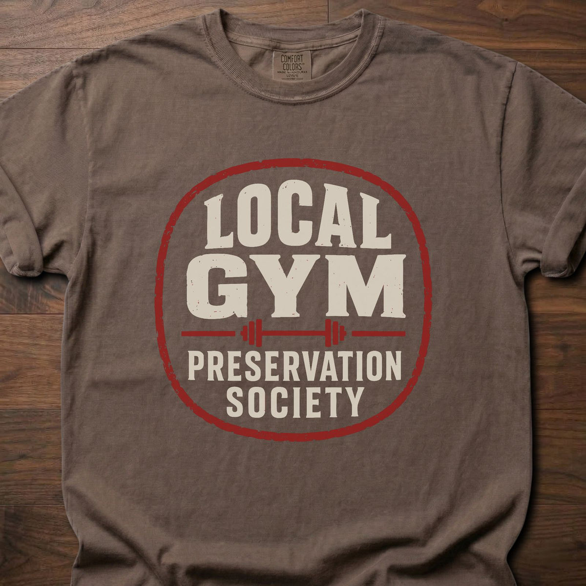 Local Gym gym shirt with bold distressed collegiate-style badge graphic – Espresso