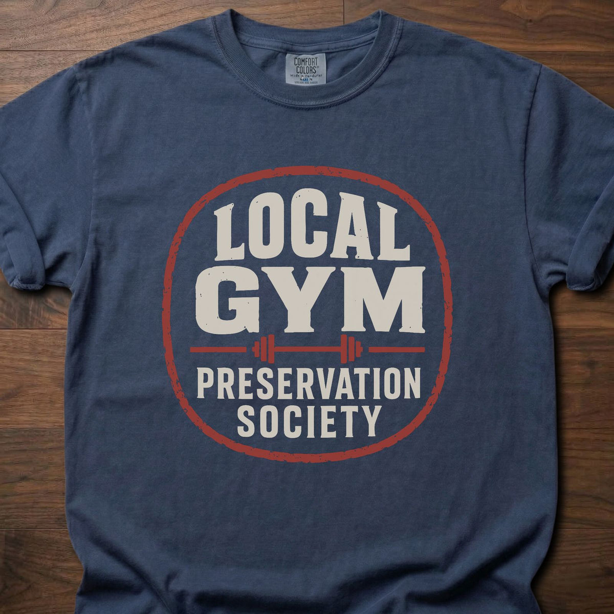Local Gym gym shirt with bold distressed collegiate-style badge graphic – Navy