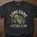 Long Game Lifting Club strength training t-shirt with a dumbbell-lifting tortoise graphic – Black
