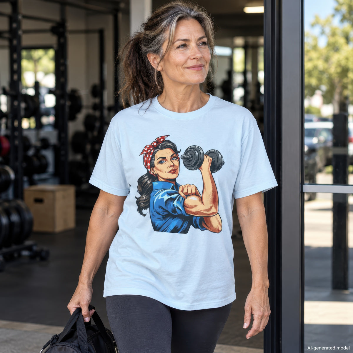 Lucy The Lifter strength training t-shirt featuring empowered woman with dumbbell design – Chambray. Female lifestyle photo, gym in background.