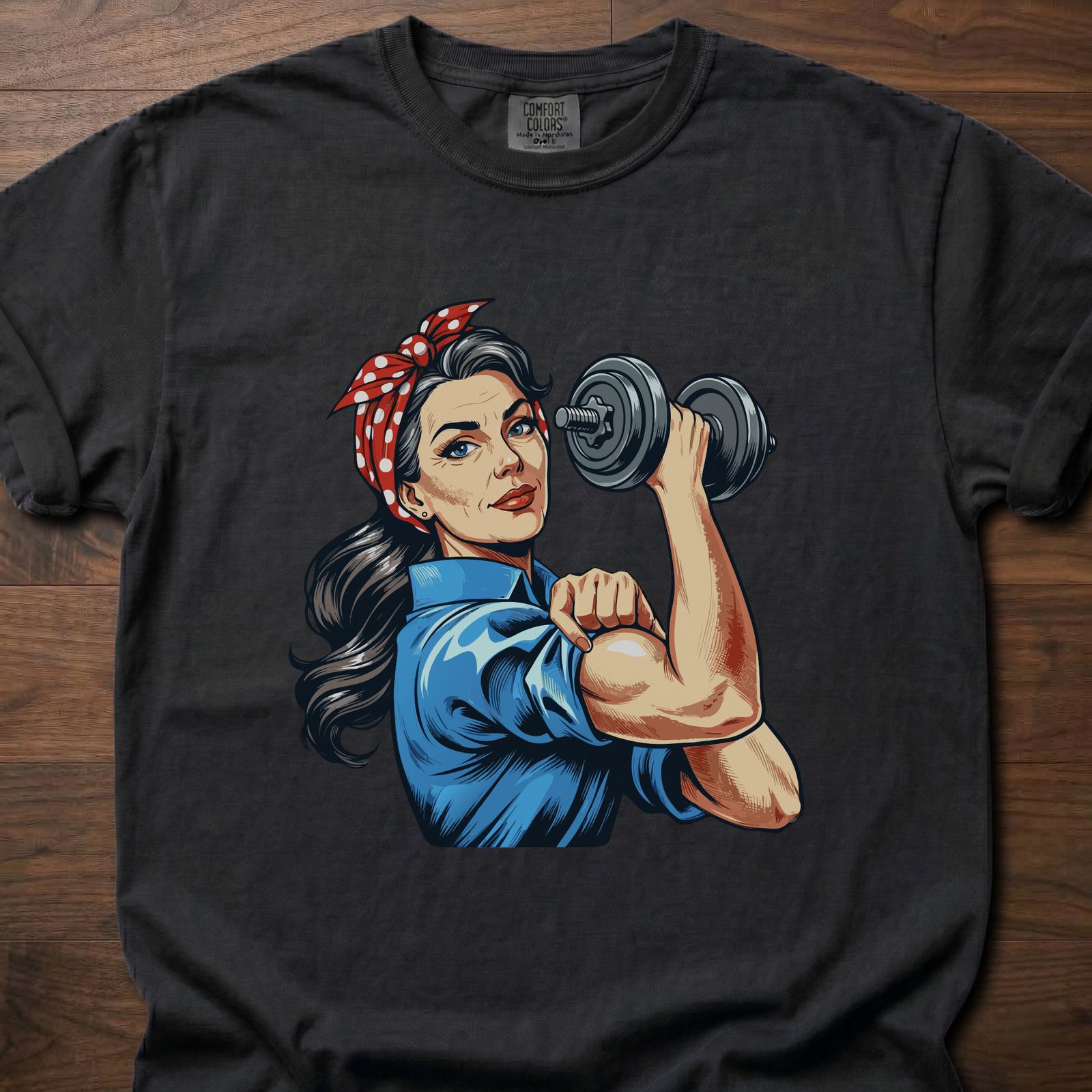 Lucy The Lifter strength training t-shirt featuring empowered woman with dumbbell design – Black