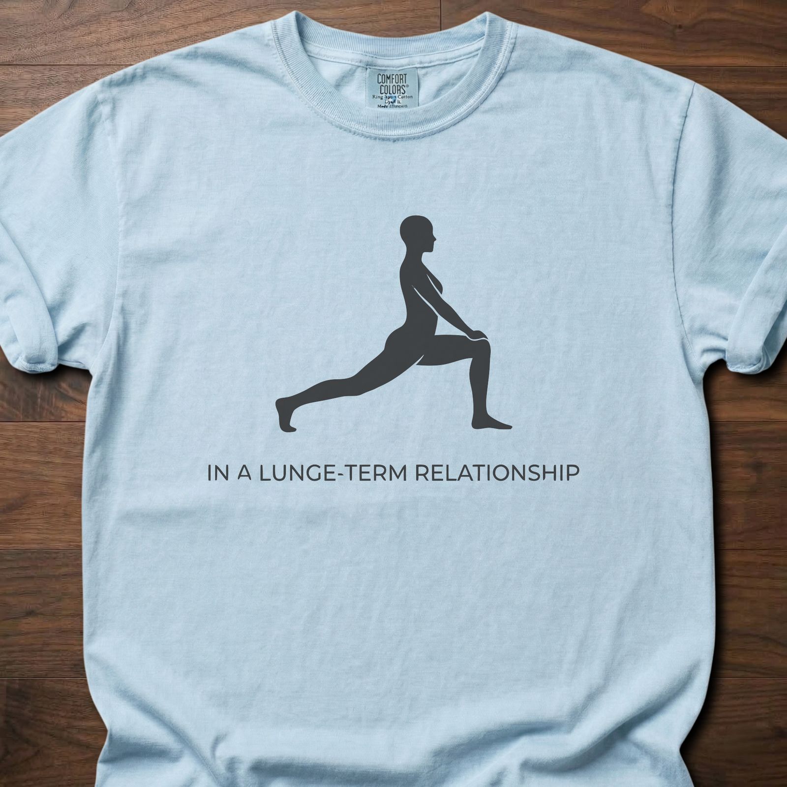 Lunge-Term Relationship strength training t shirt with lunging figure silhouette design – Chambray
