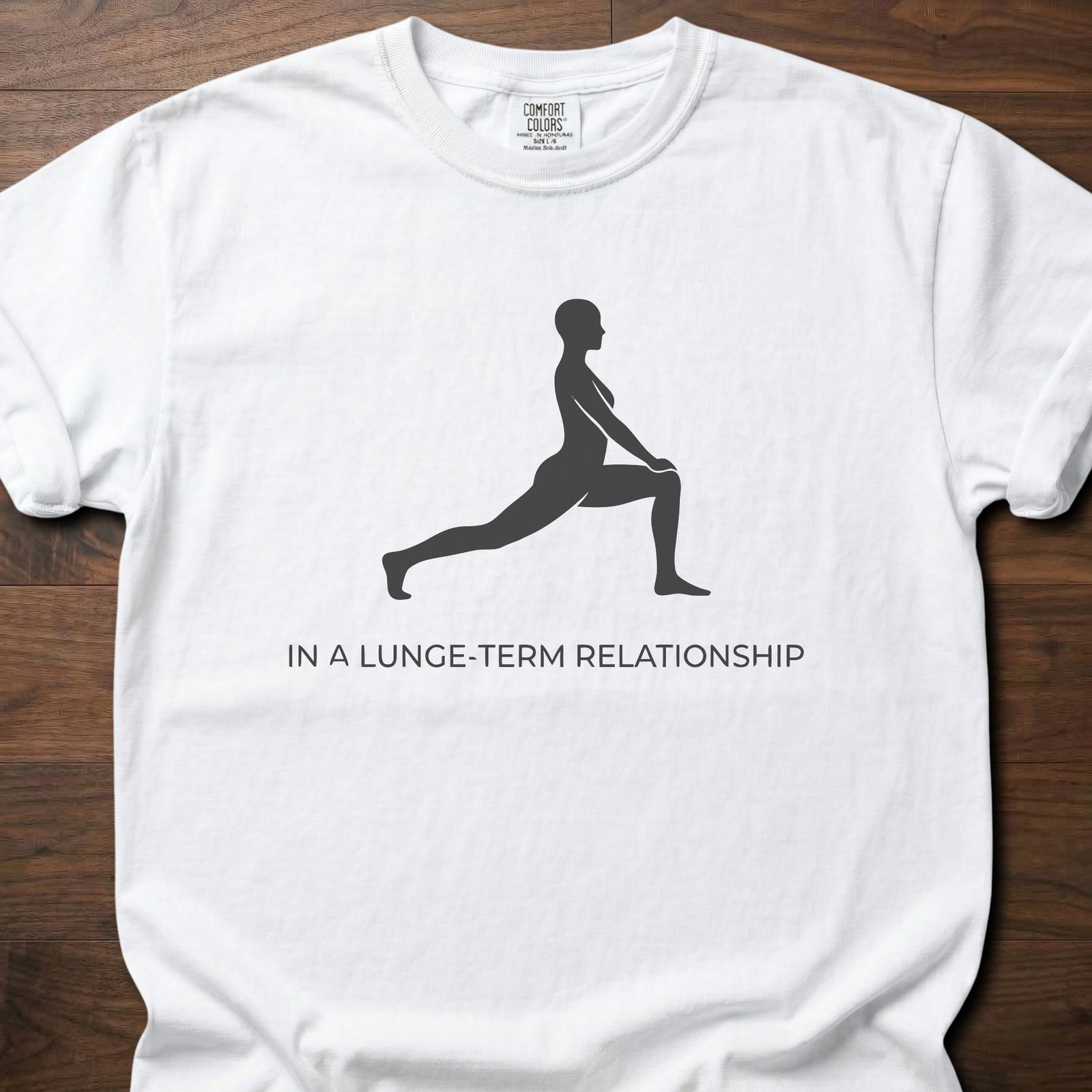 Lunge-Term Relationship strength training t shirt with lunging figure silhouette design – White