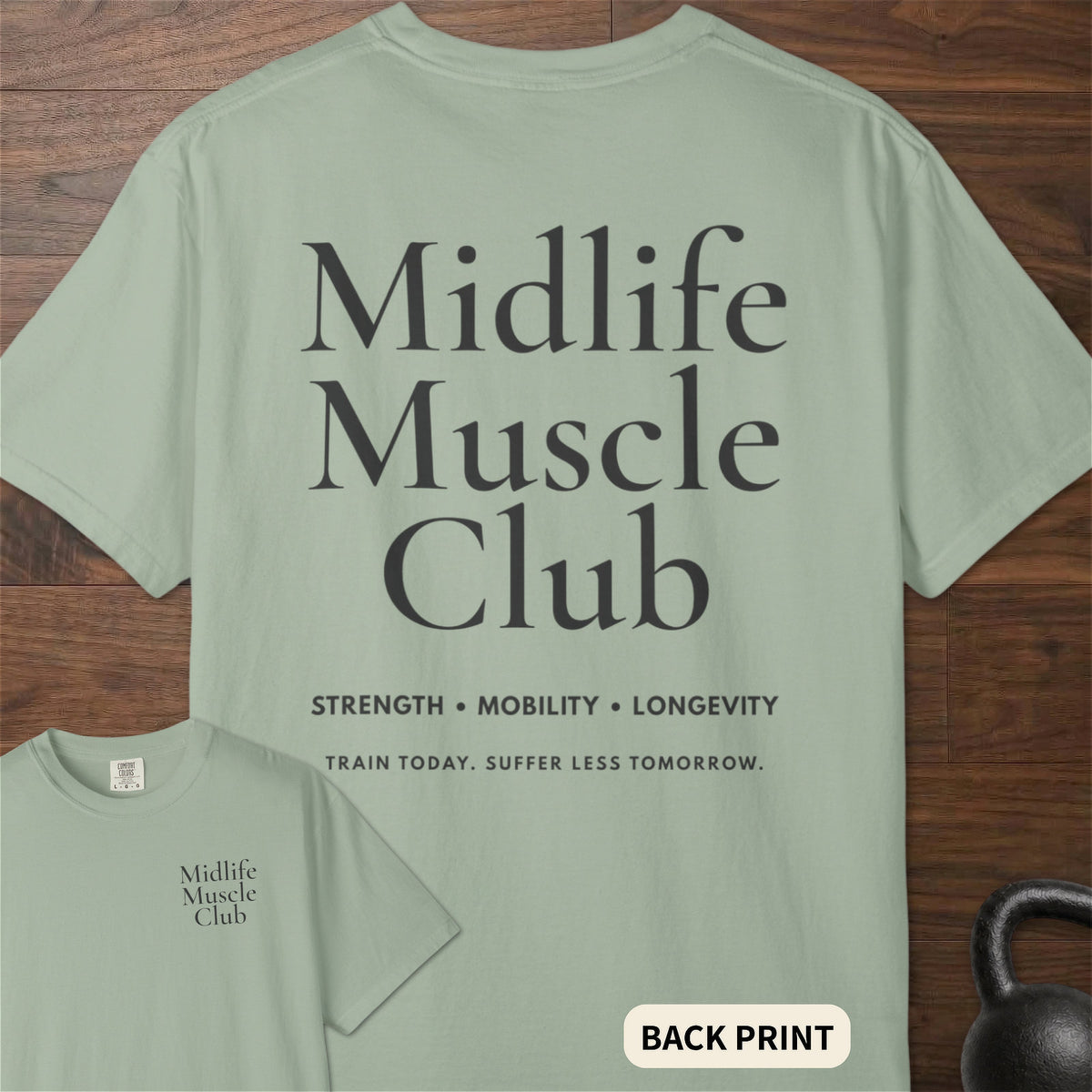 Midlife Muscle Club fitness lifestyle apparel with clean oversized typographic graphic – Bay