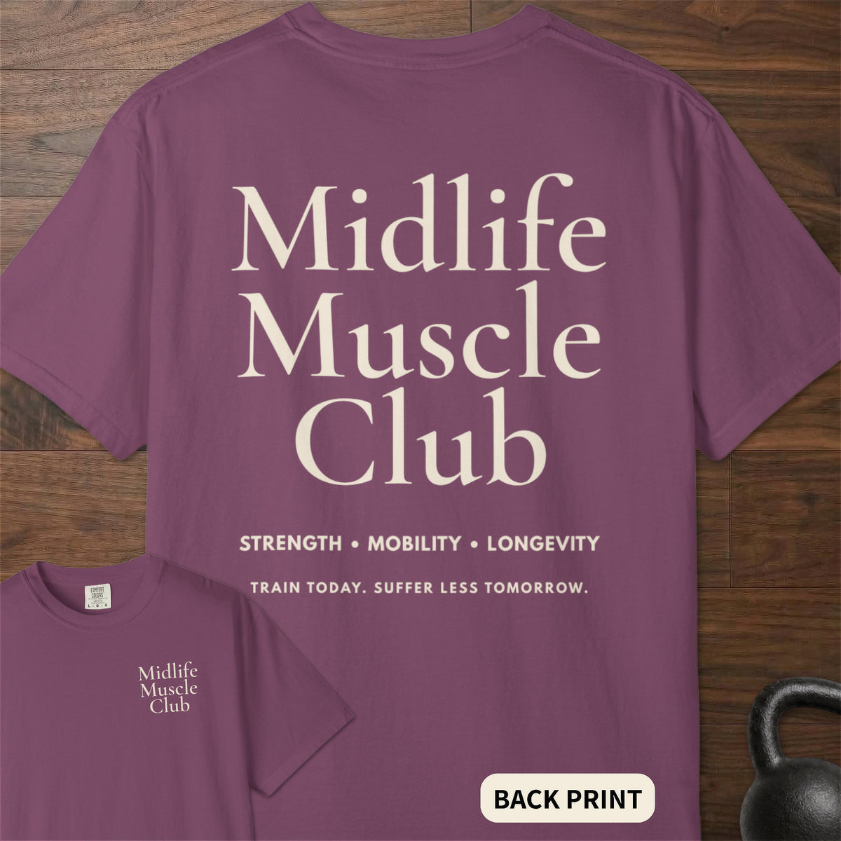 Midlife Muscle Club fitness lifestyle apparel with clean oversized typographic graphic – Berry
