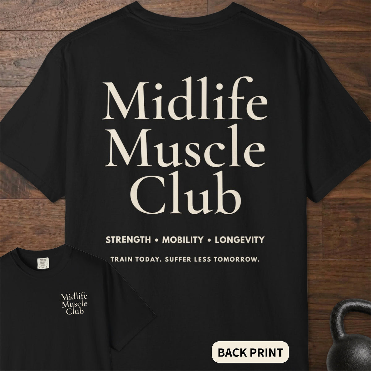 Midlife Muscle Club fitness lifestyle apparel with clean oversized typographic graphic – Black