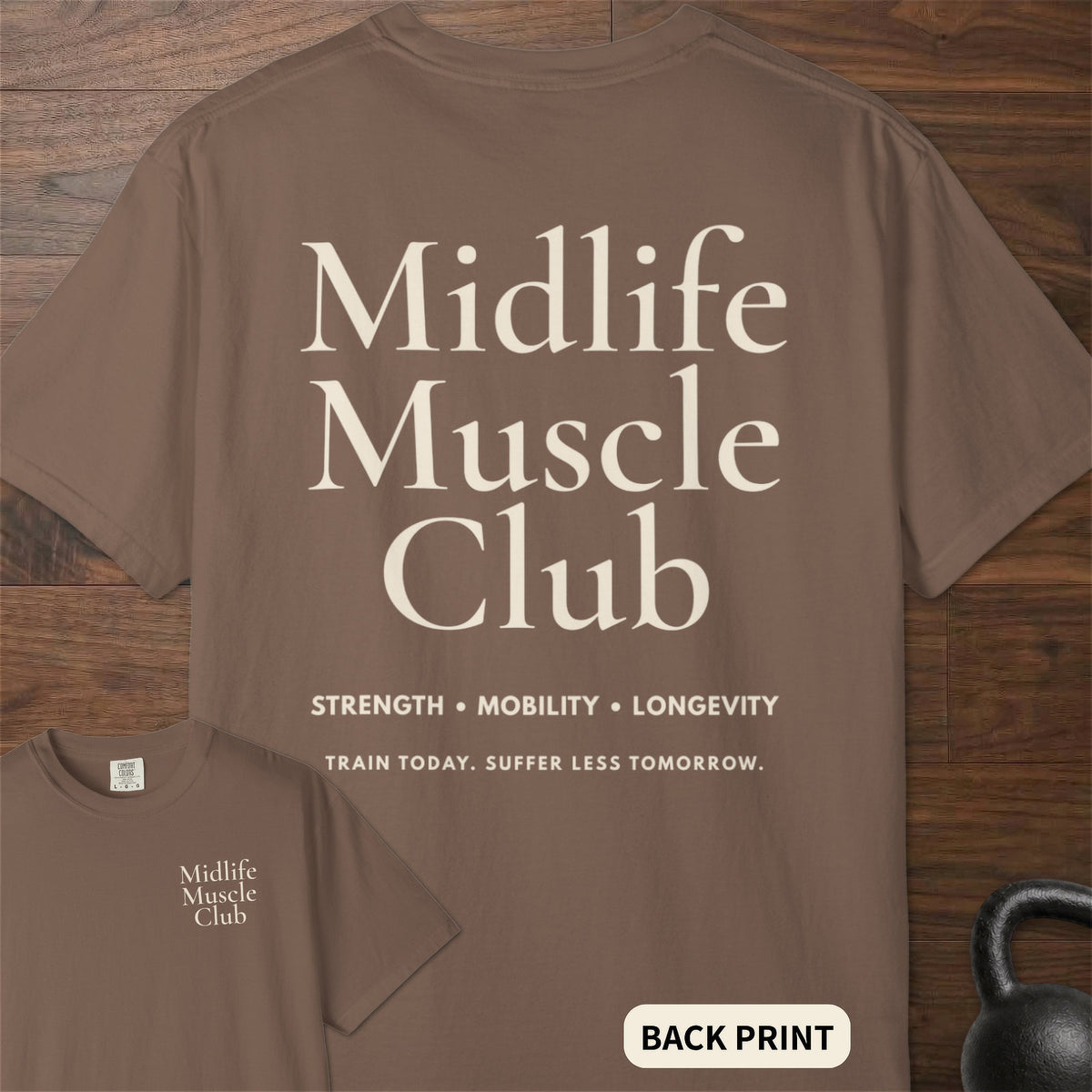 Midlife Muscle Club fitness lifestyle apparel with clean oversized typographic graphic – Espresso