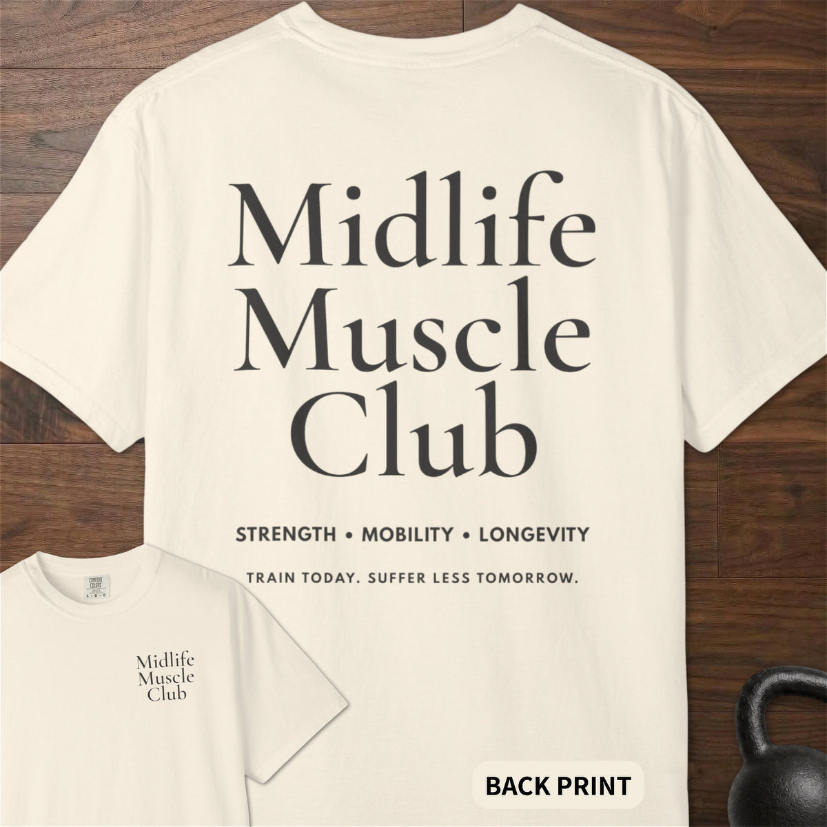 Midlife Muscle Club fitness lifestyle apparel with clean oversized typographic graphic – Ivory