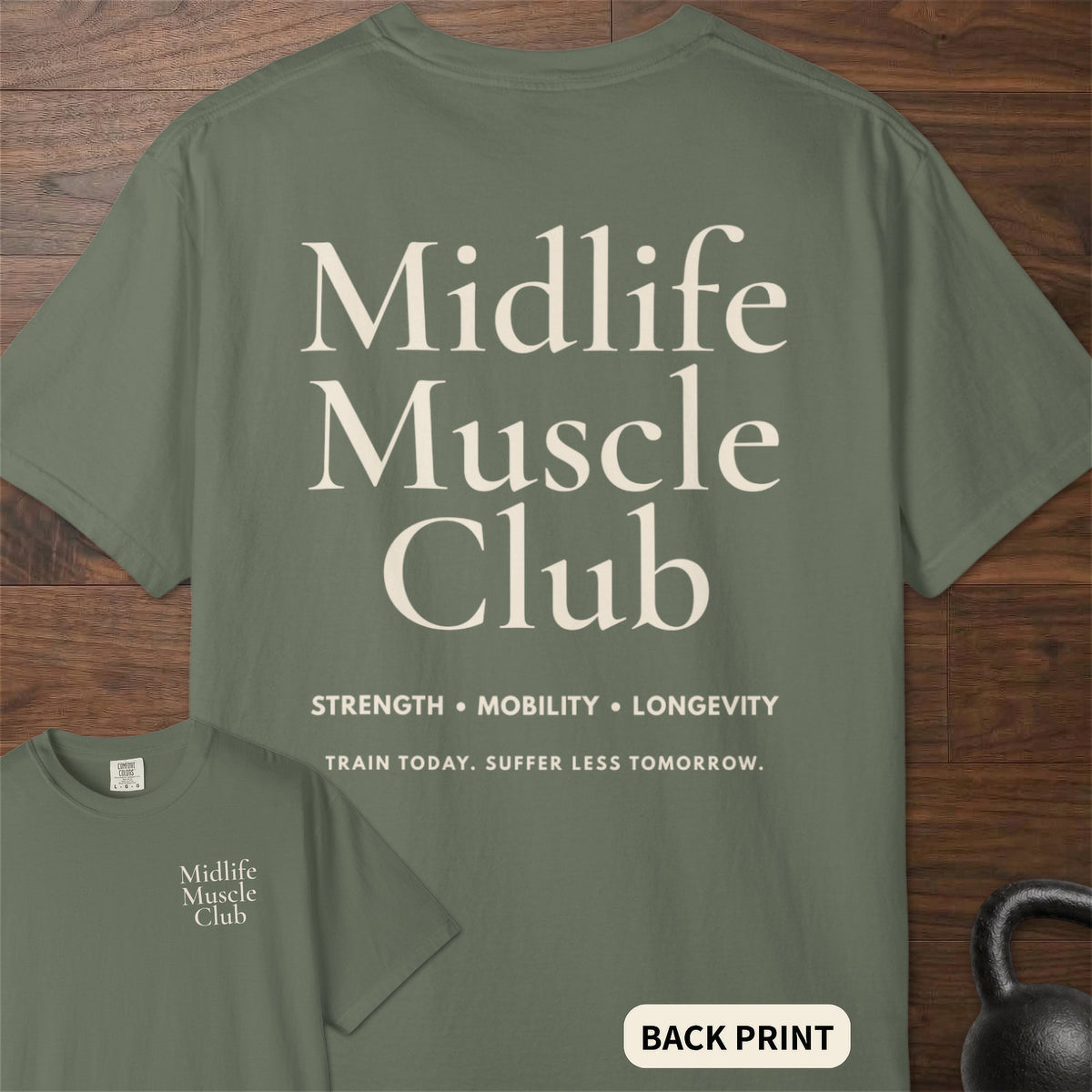 Midlife Muscle Club fitness lifestyle apparel with clean oversized typographic graphic – Moss