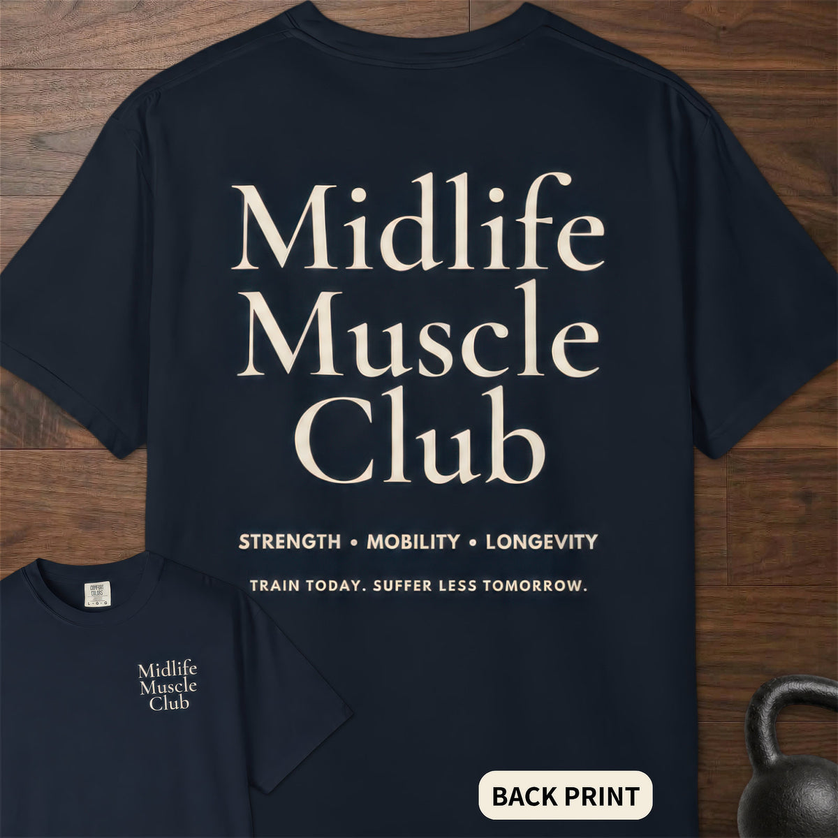 Midlife Muscle Club fitness lifestyle apparel with clean oversized typographic graphic – Navy