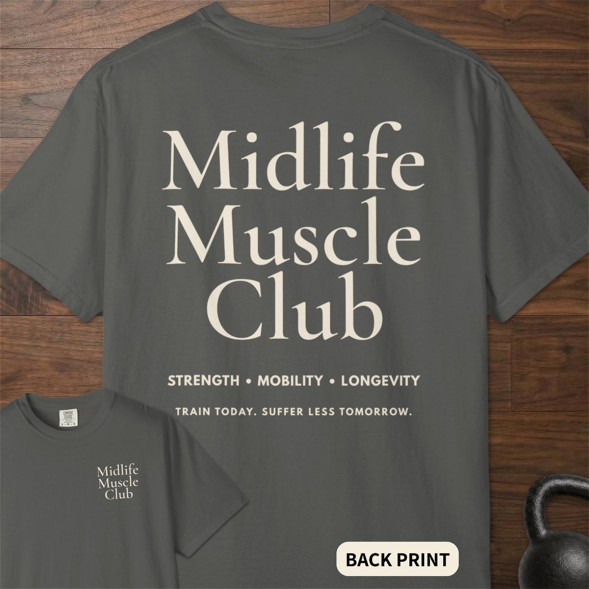 Midlife Muscle Club fitness lifestyle apparel with clean oversized typographic graphic – Pepper