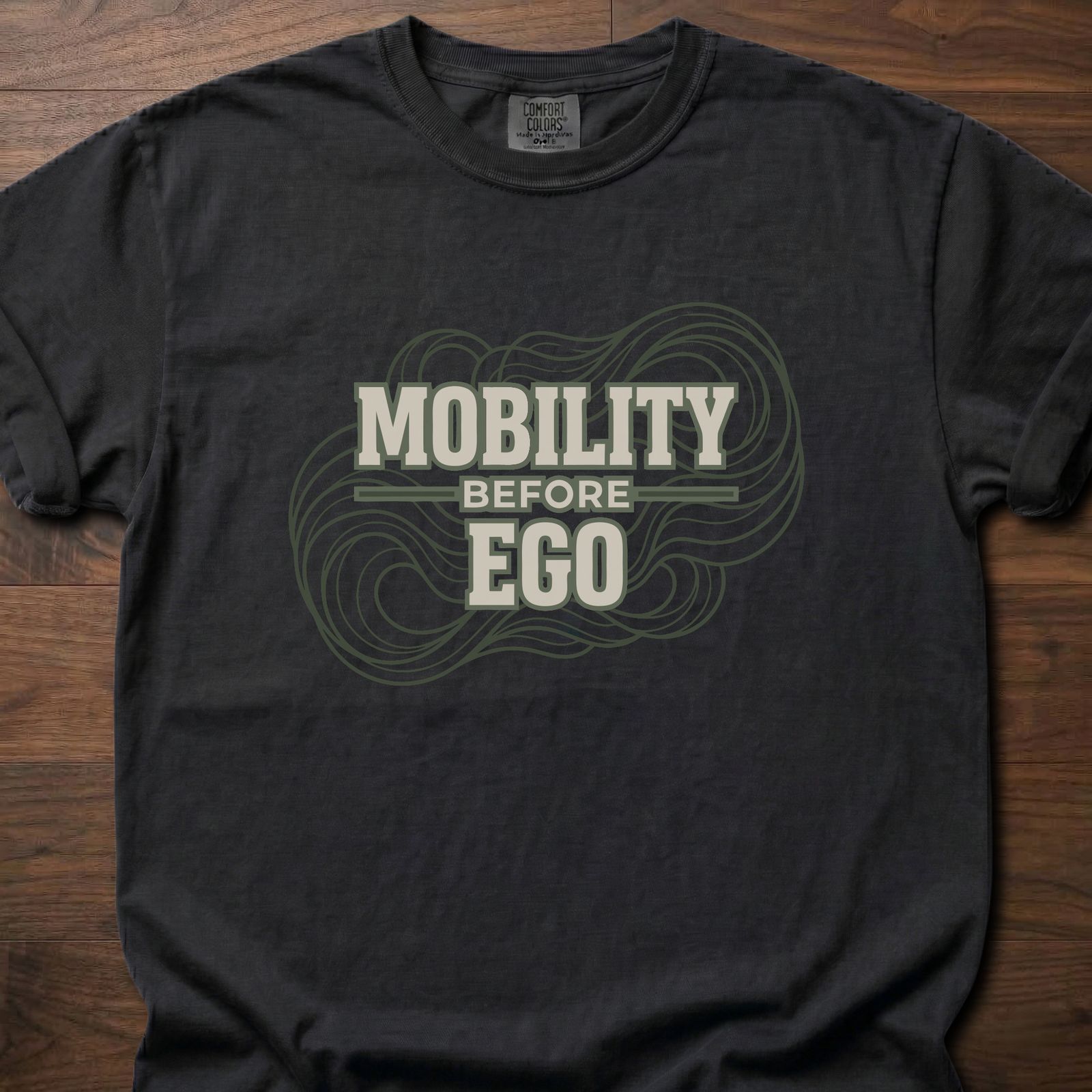 Mobility Before Ego fitness lifestyle apparel with flowing wave pattern design – Black