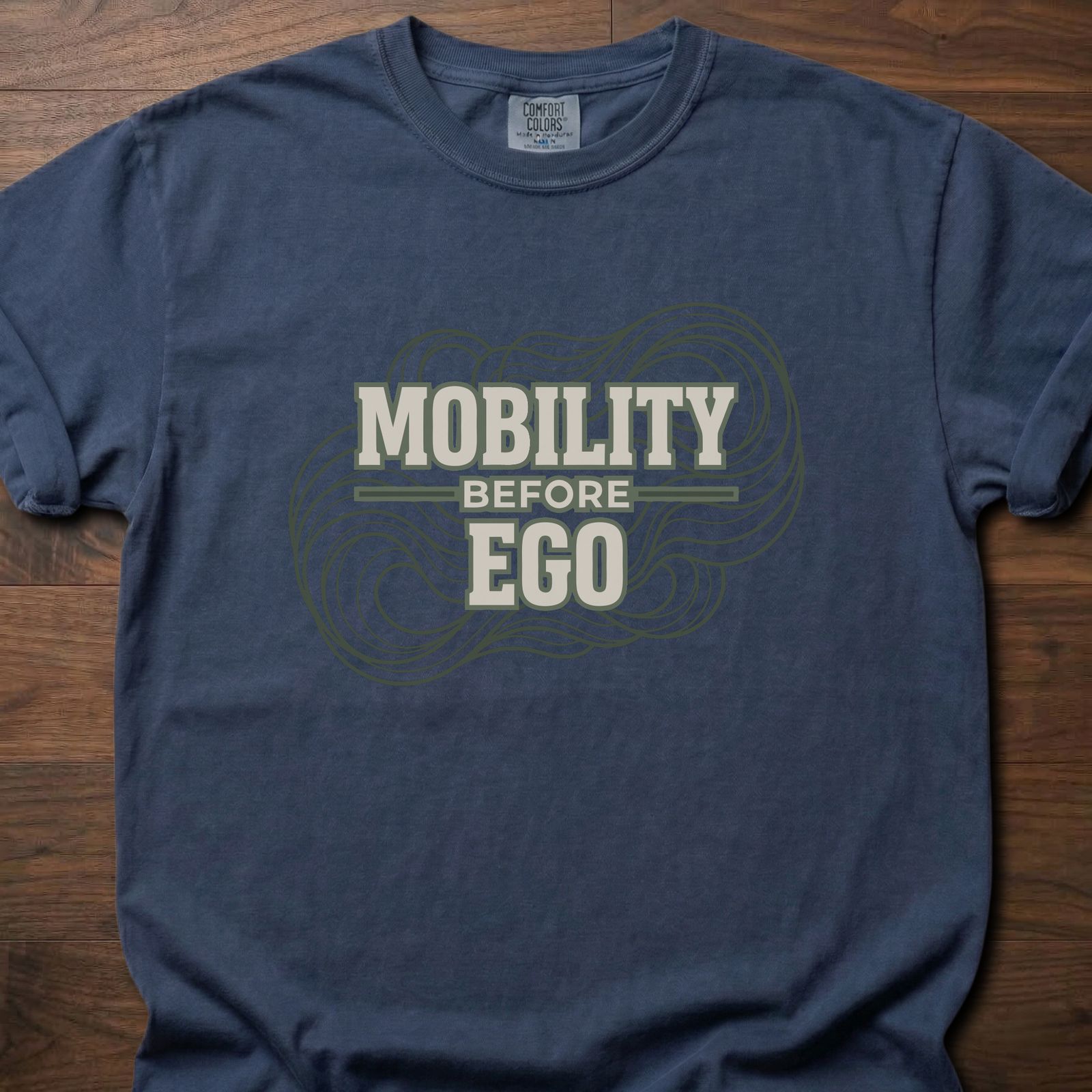 Mobility Before Ego fitness lifestyle apparel with flowing wave pattern design – Navy