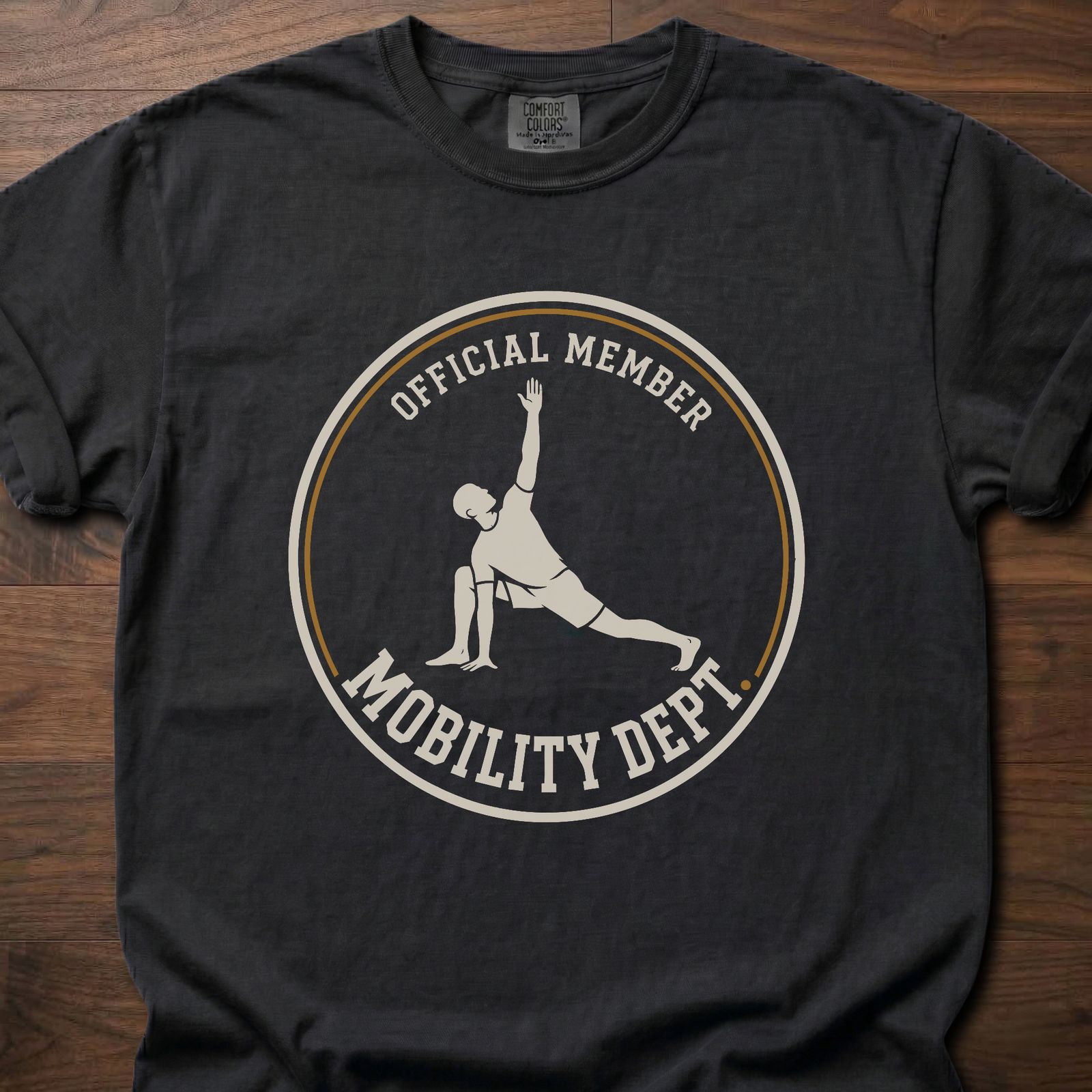 Mobility Dept strength training lifestyle shirt with Official Member badge and stretching figure – Black