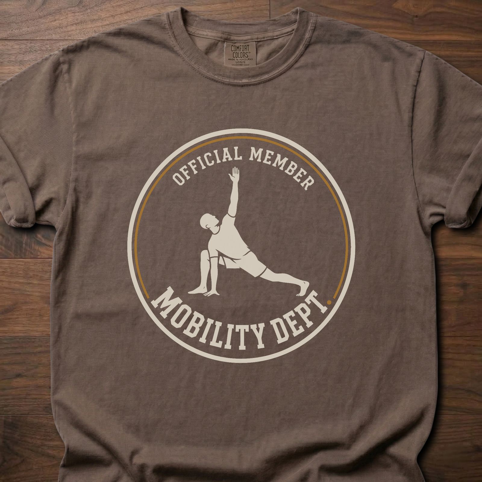Mobility Dept strength training lifestyle shirt with Official Member badge and stretching figure – Espresso