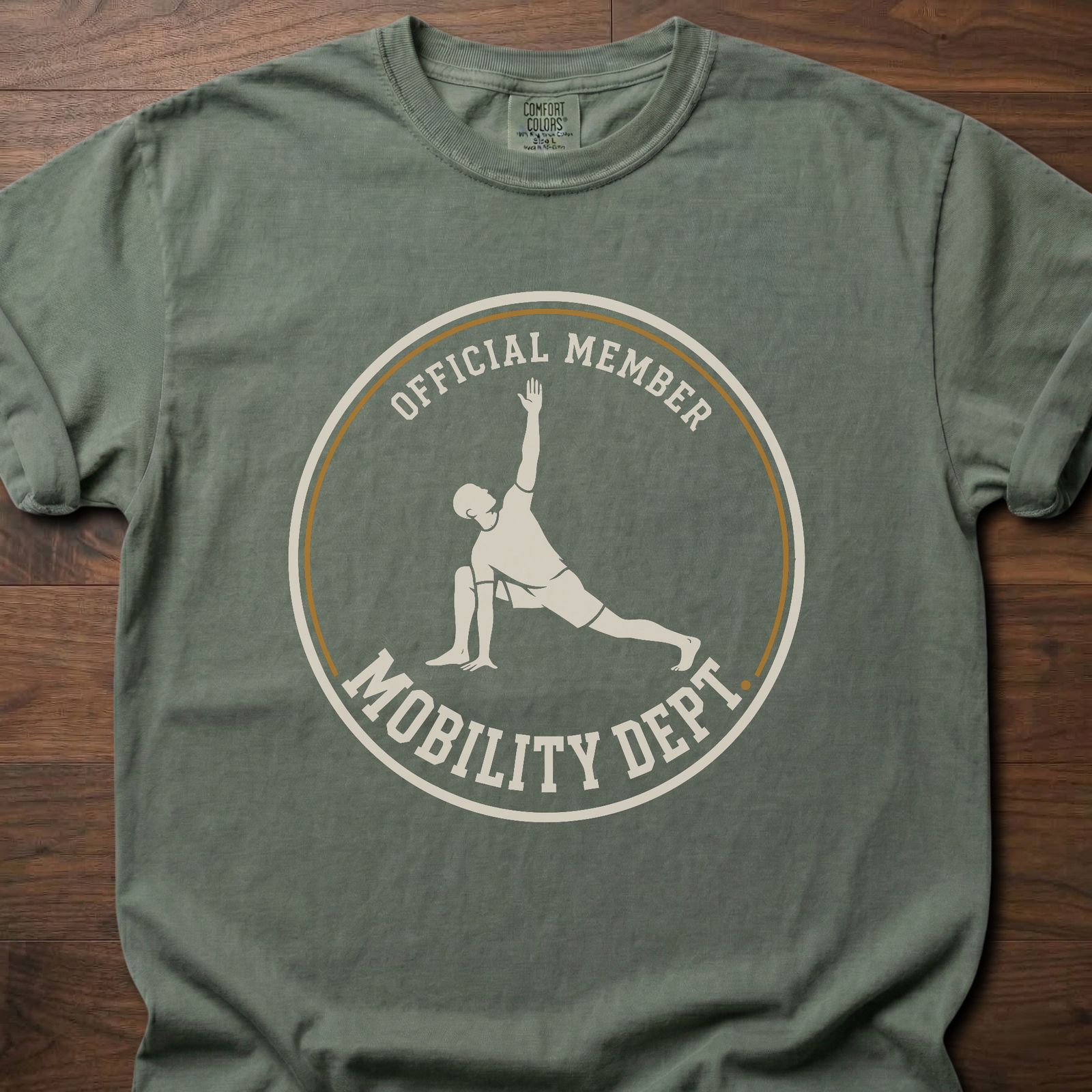 Mobility Dept strength training lifestyle shirt with Official Member badge and stretching figure – Moss