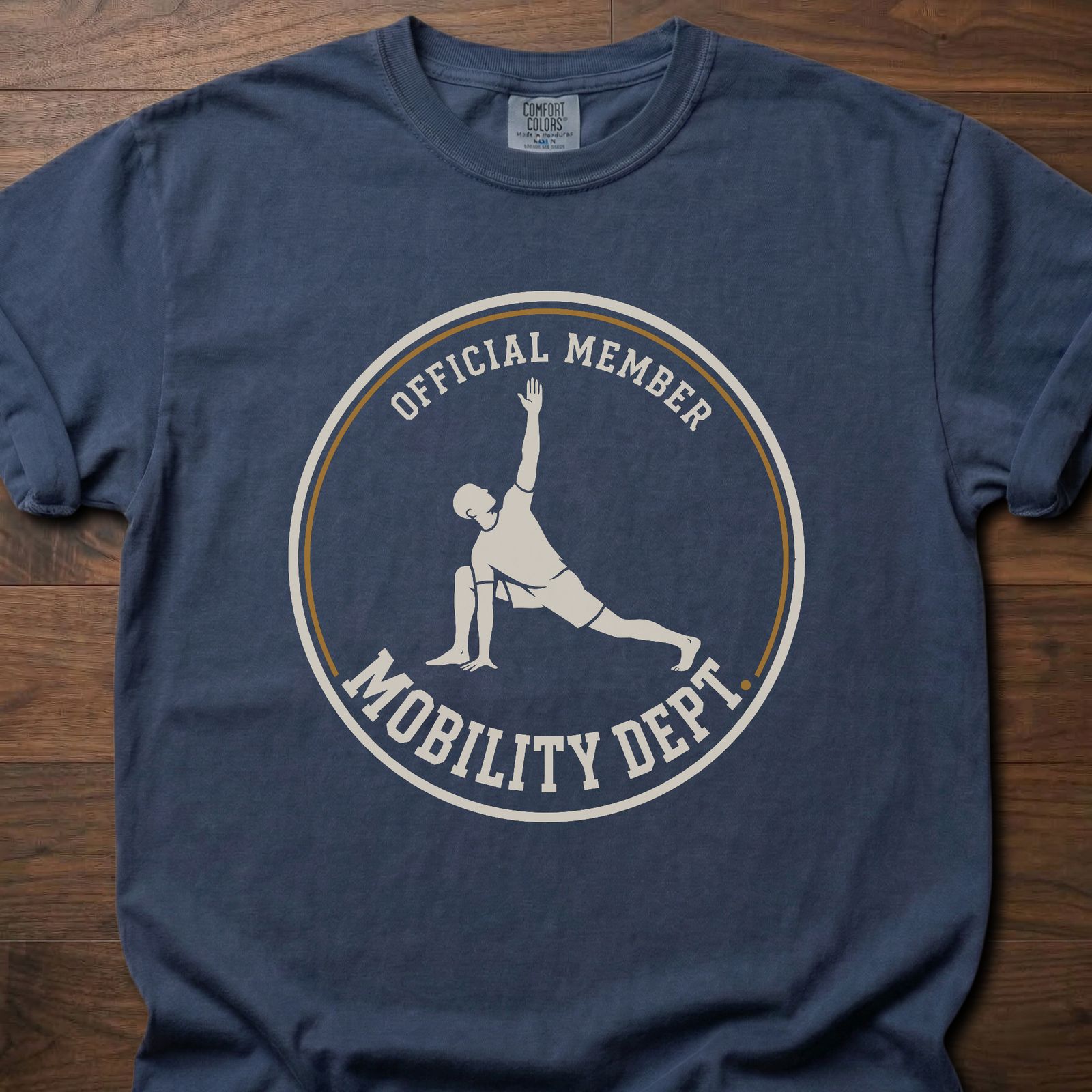Mobility Dept strength training lifestyle shirt with Official Member badge and stretching figure – Navy