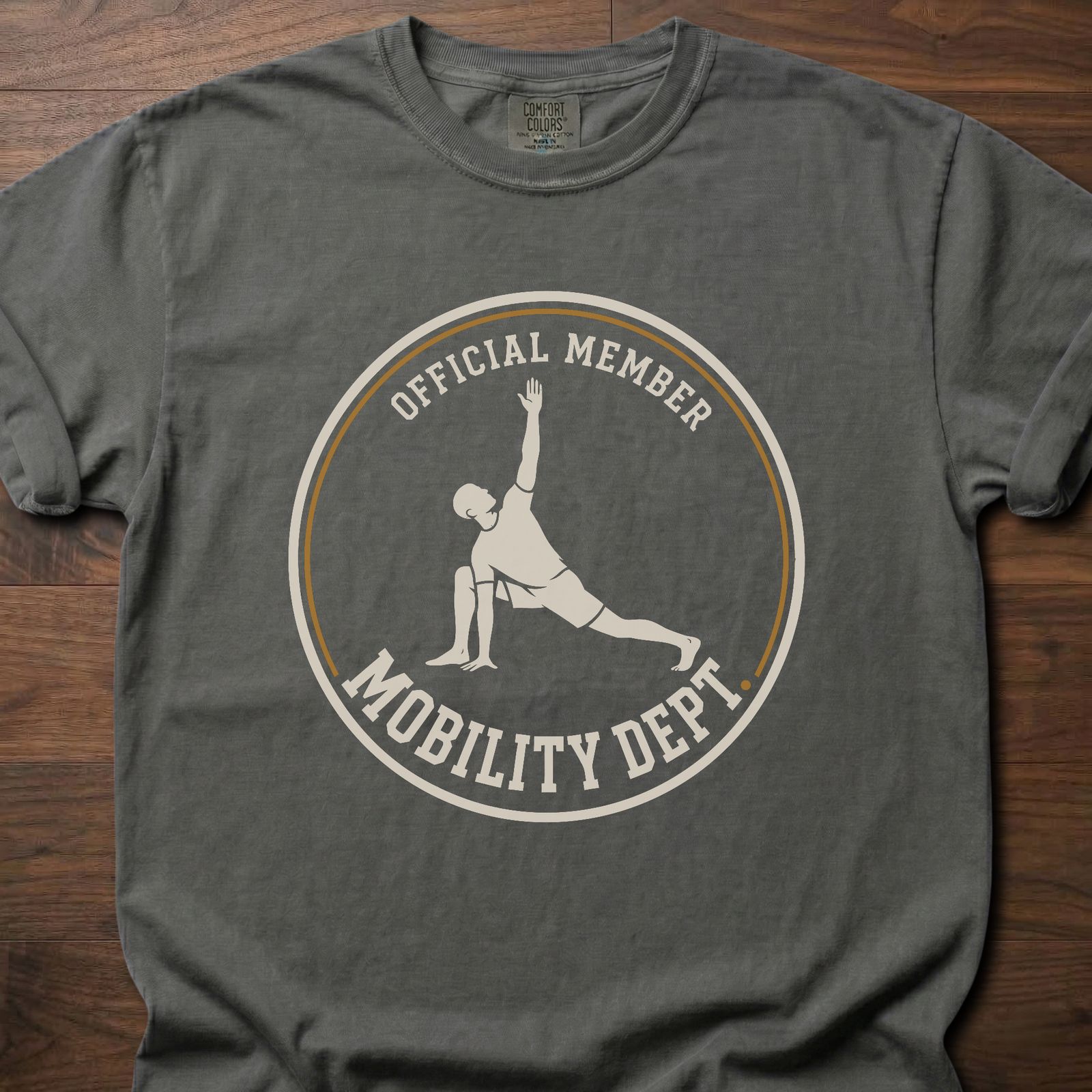 Mobility Dept strength training lifestyle shirt with Official Member badge and stretching figure – Pepper