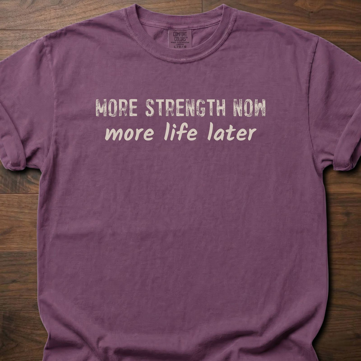 More Life Later strength training t-shirt with distressed block and script lettering graphic – Berry