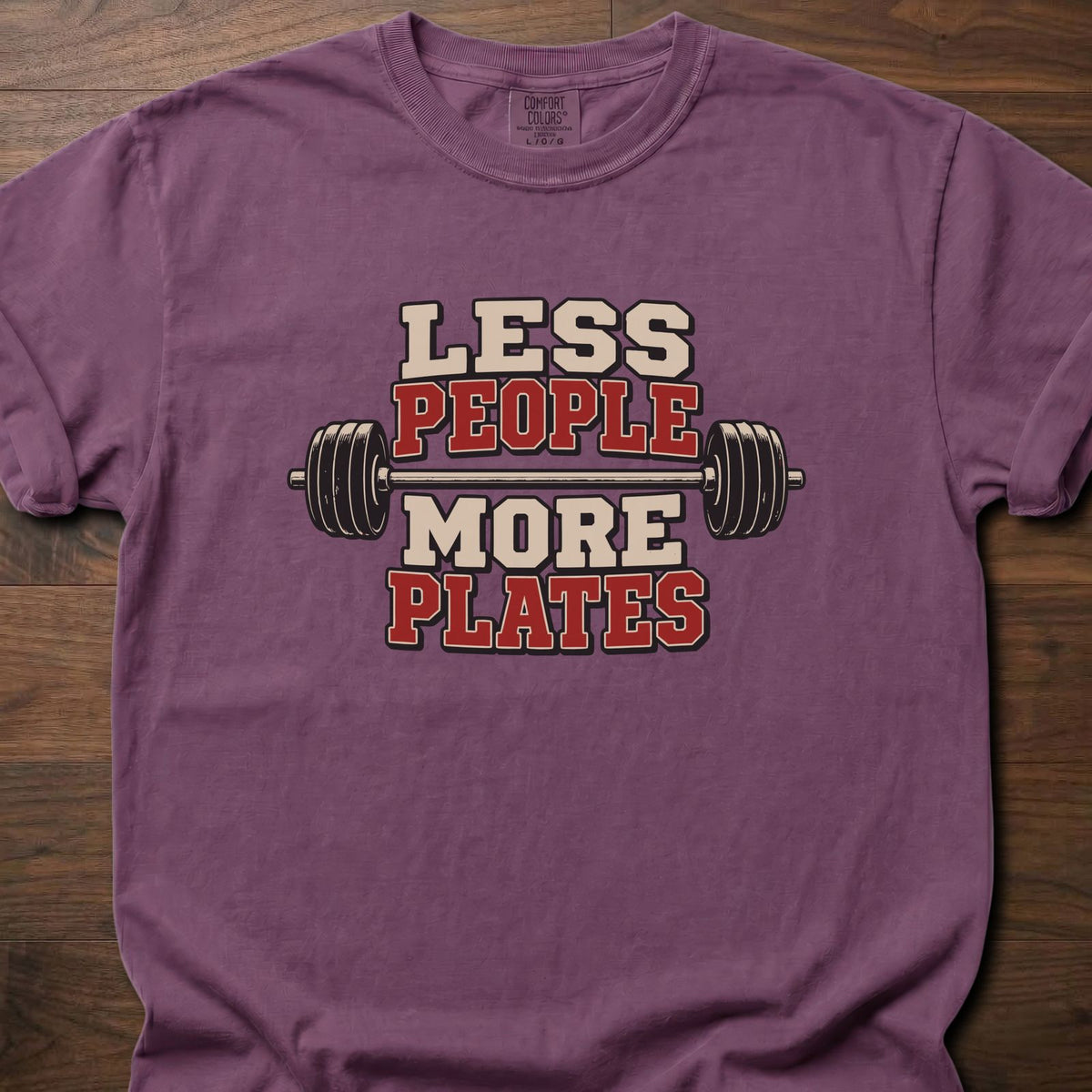 More Plates funny weightlifting shirt with bold collegiate block graphic – Berry