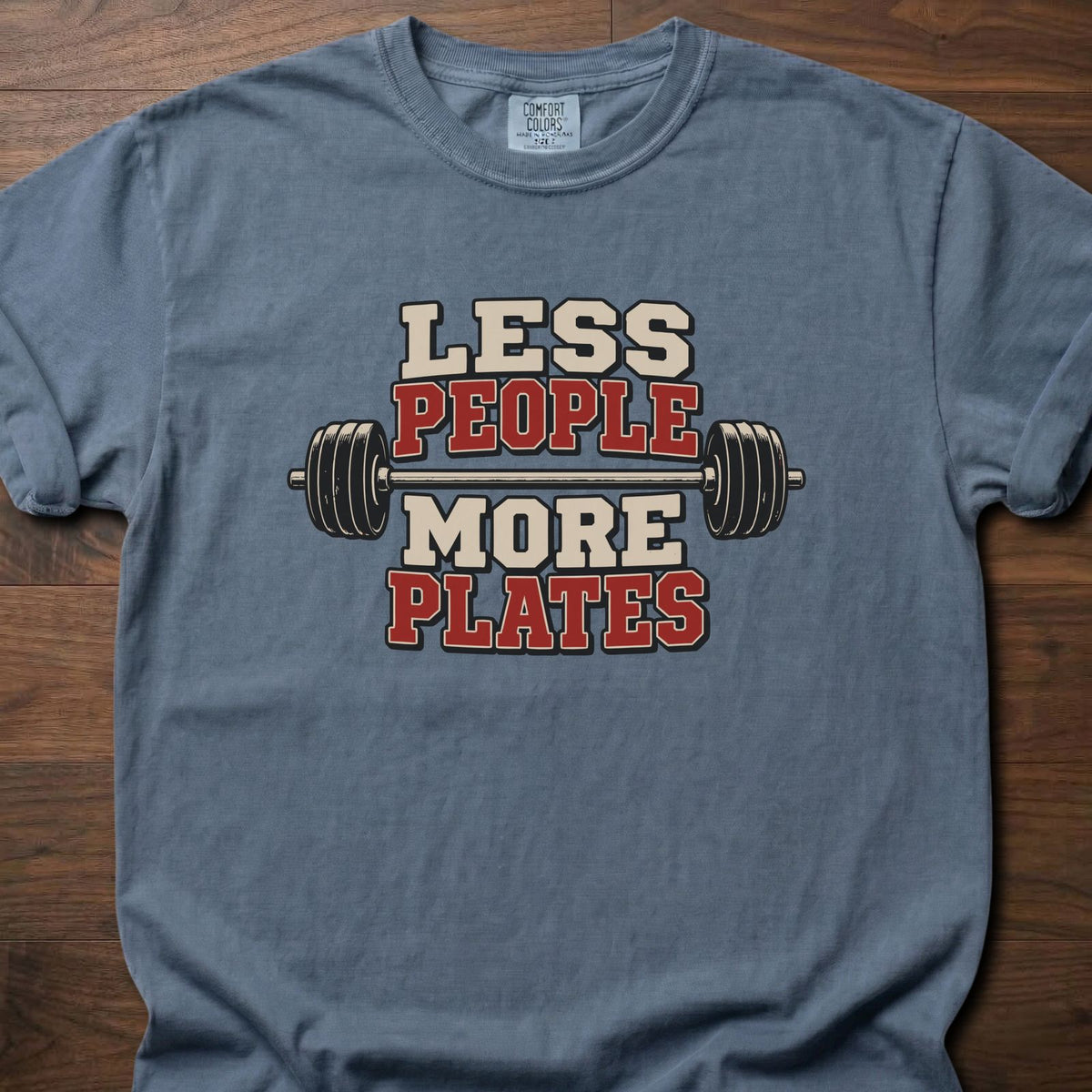 More Plates funny weightlifting shirt with bold collegiate block graphic – Blue Jean